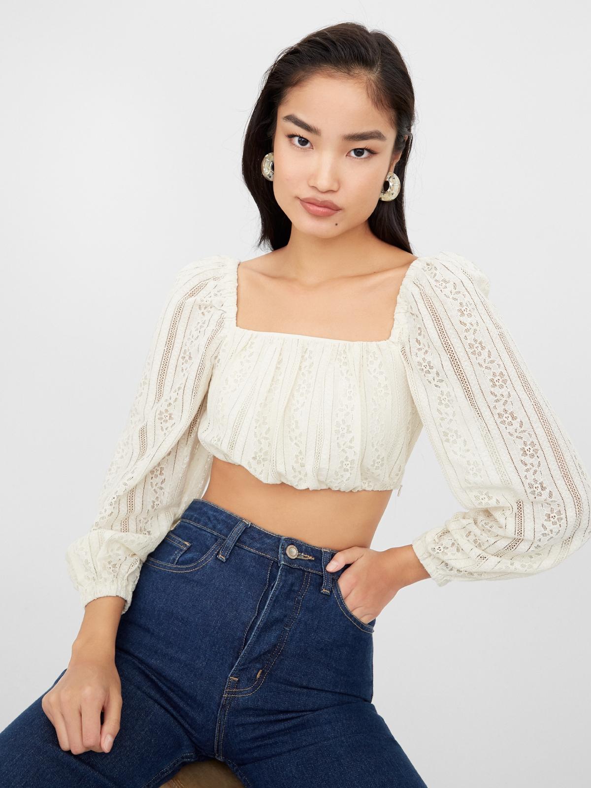 Lace Ruched Long Sleeve Crop Top - Beige