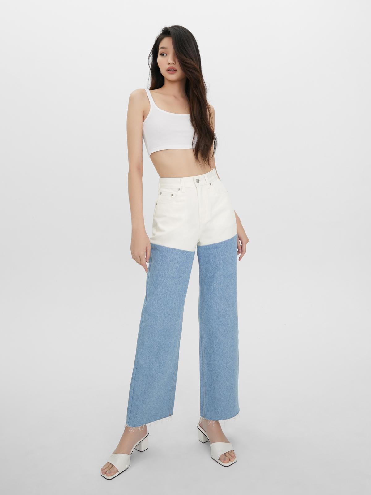 Sustainable Two Tone Frayed Hem Jeans - Blue