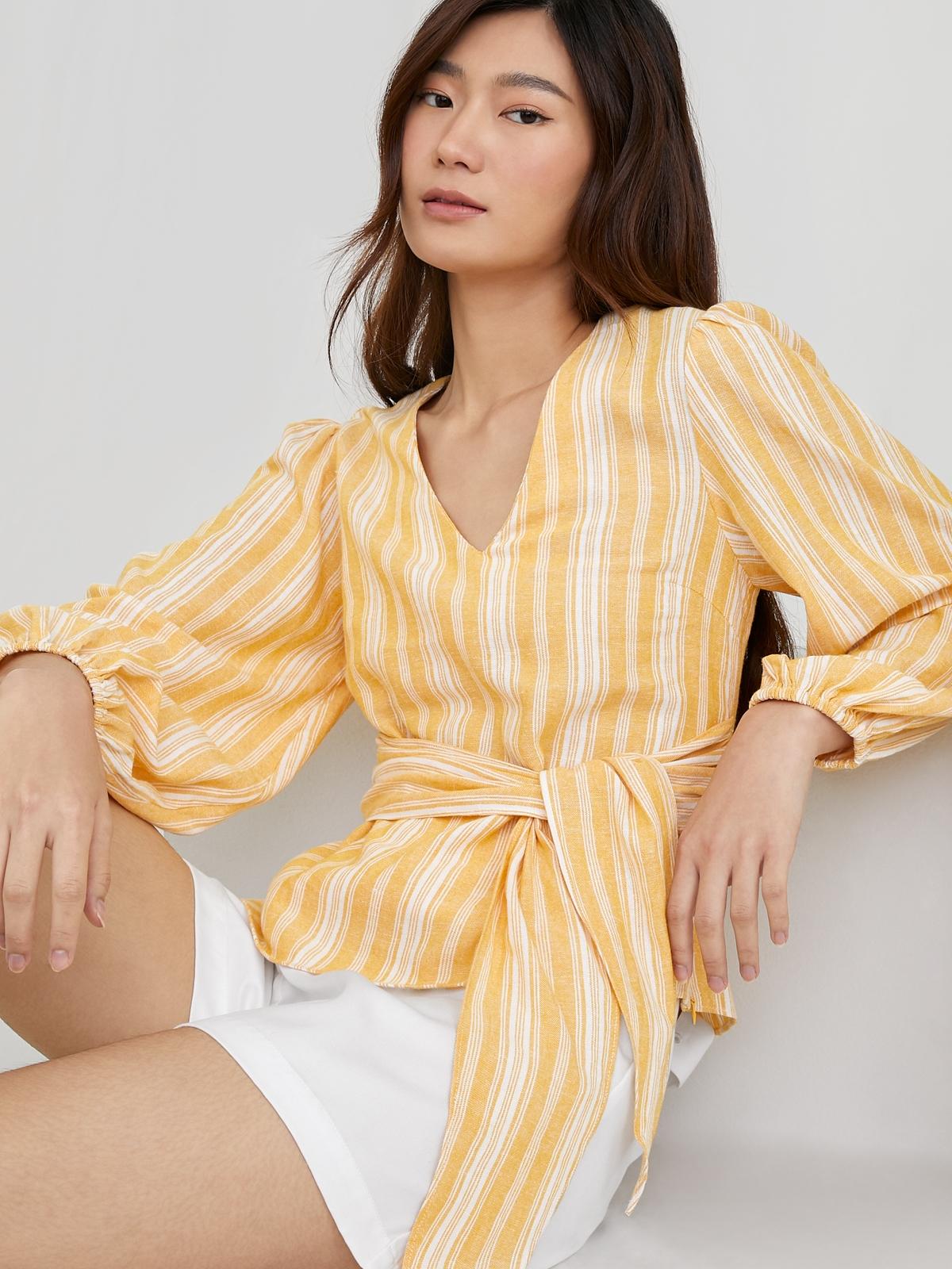 Purpose Puffed Sleeves Waist Tie Blouse - Orange