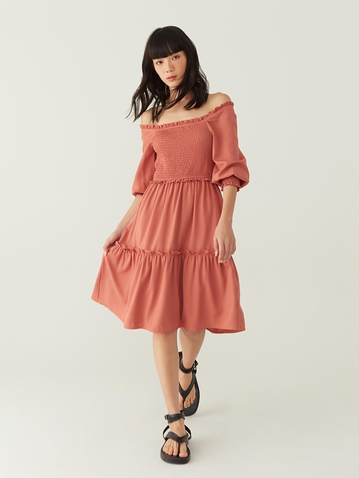 Sustainable Smocked Square Neck Dress - Coral Red