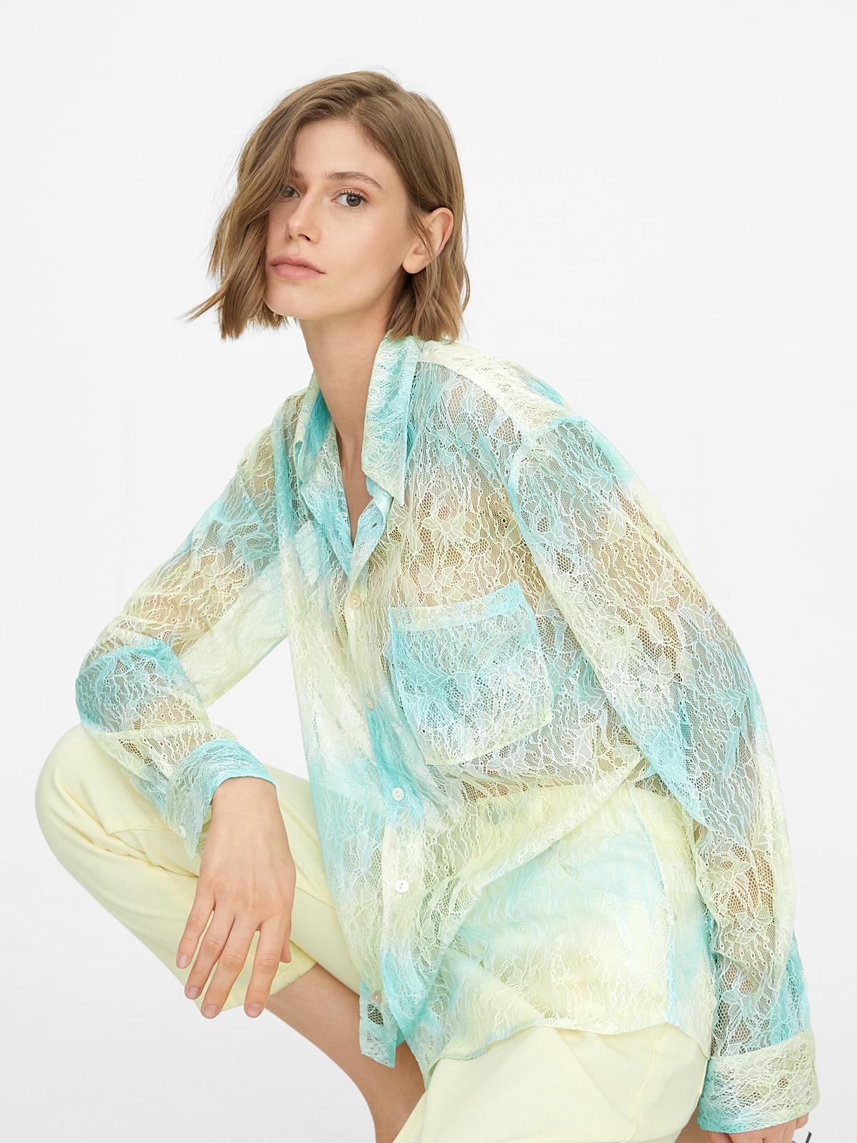 Sheer Buttoned Down Lace Top - Green