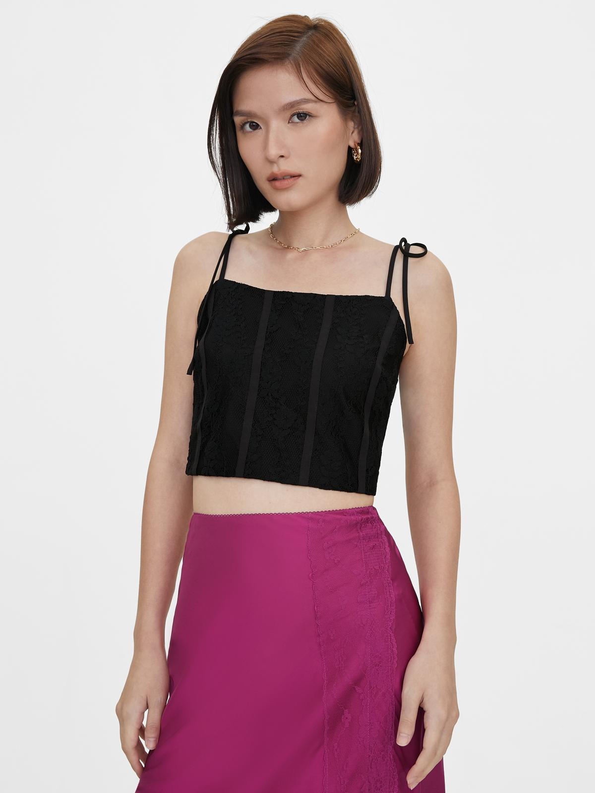 Lace Bow Tie Shoulder Crop Top - Black