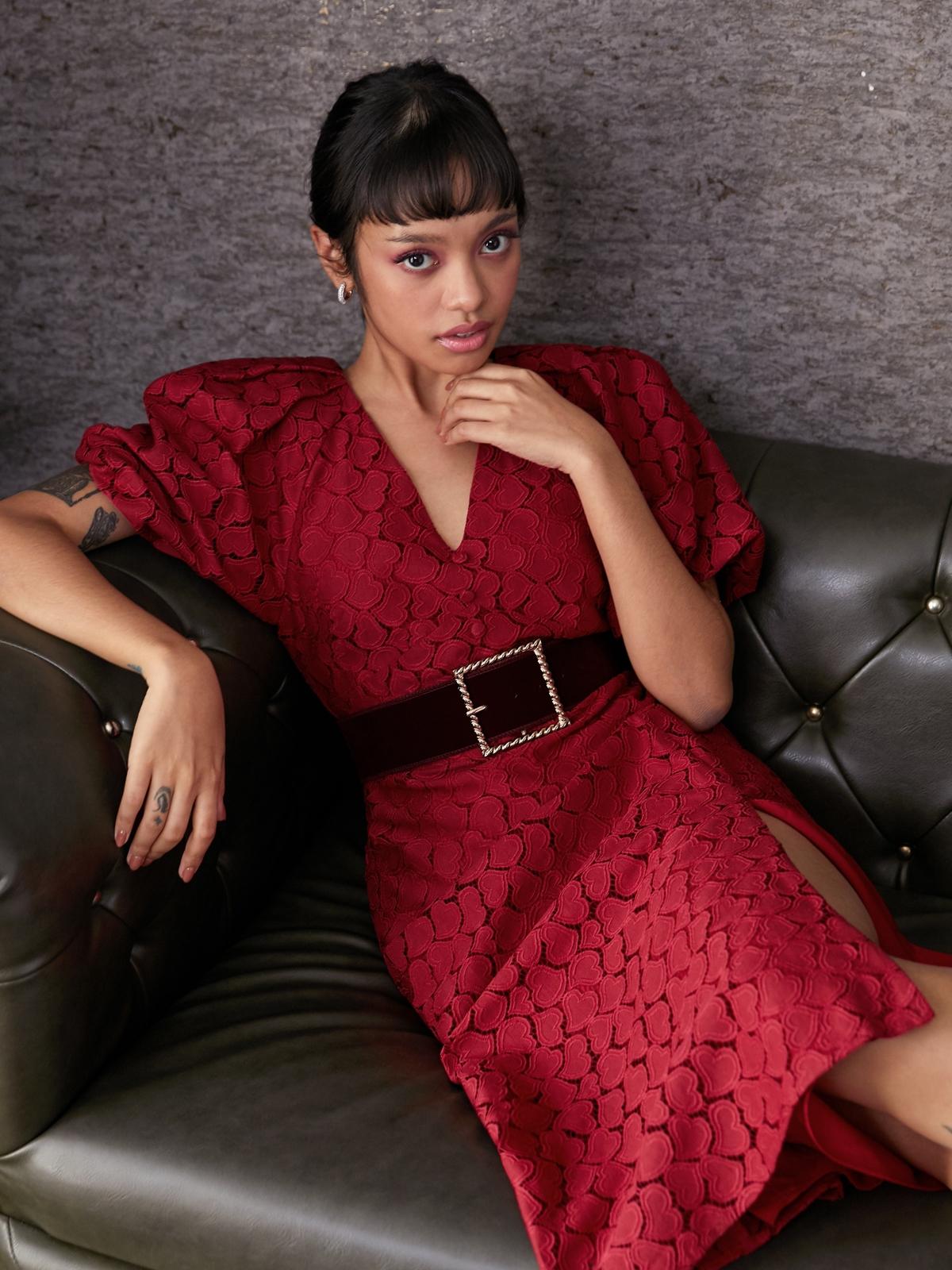 Heart Lace V Neck Dress - Burgundy