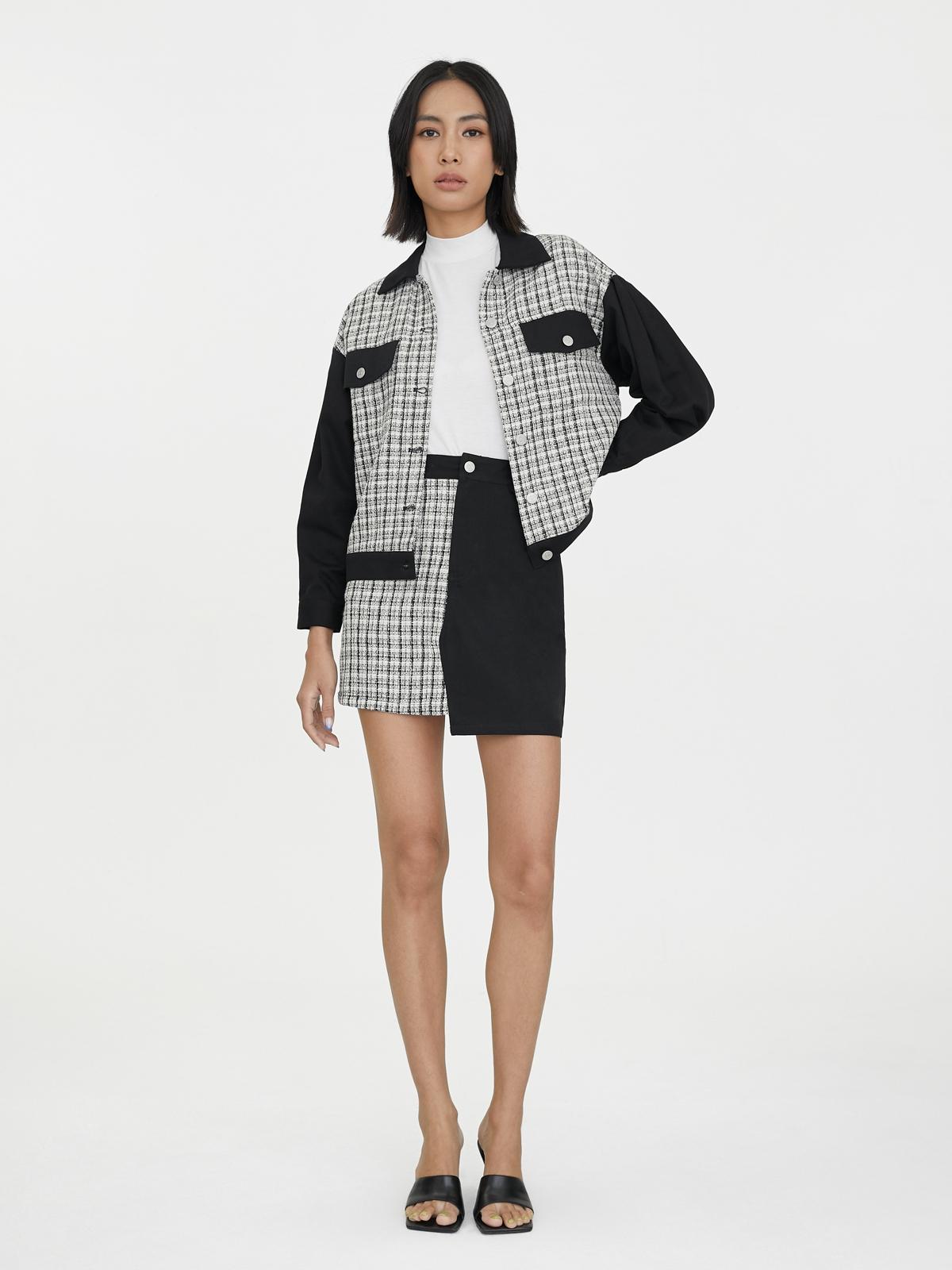 Two Tone Tweed Denim Skirt - Black