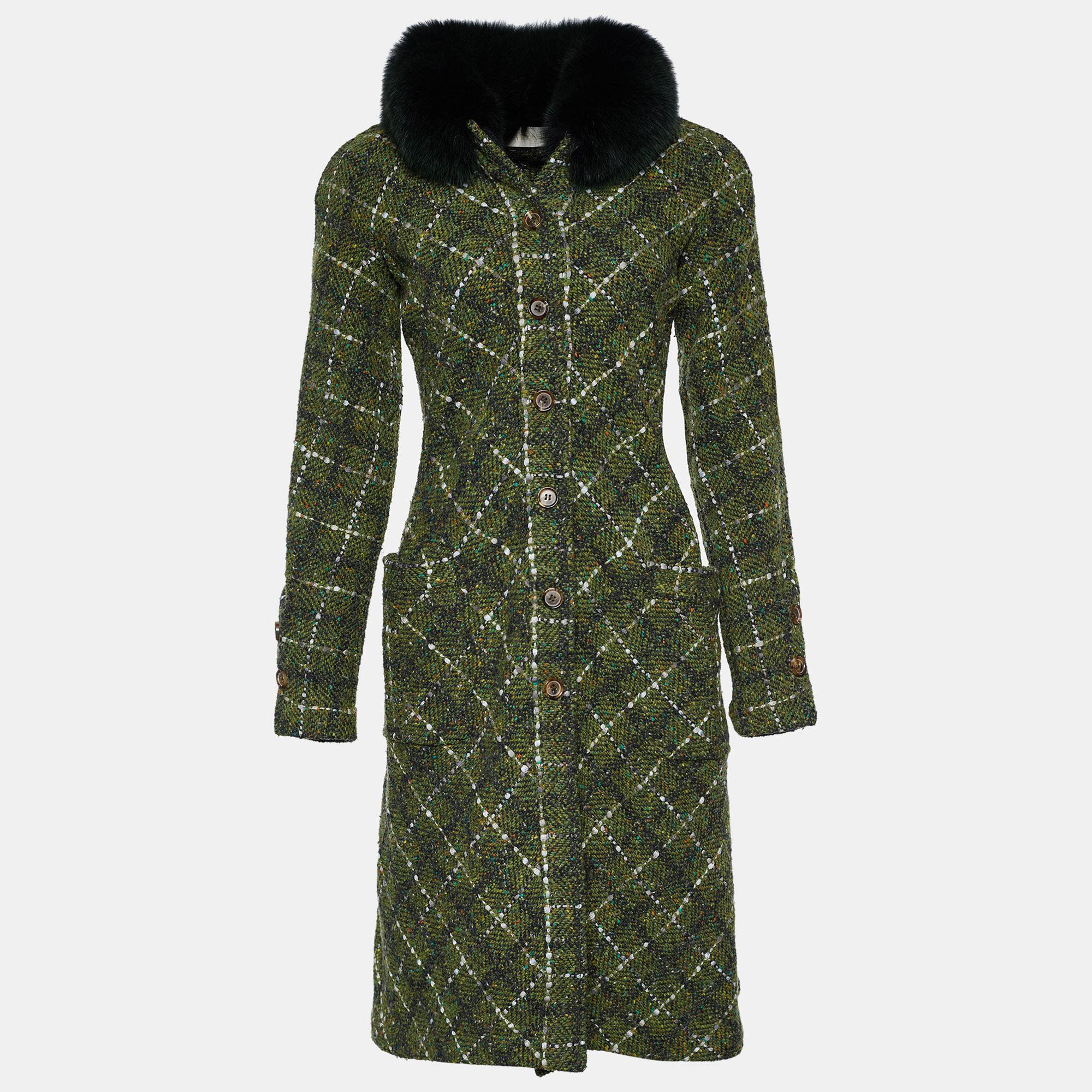 Valentino Green Tweed Fur Collar Button Front Coat M