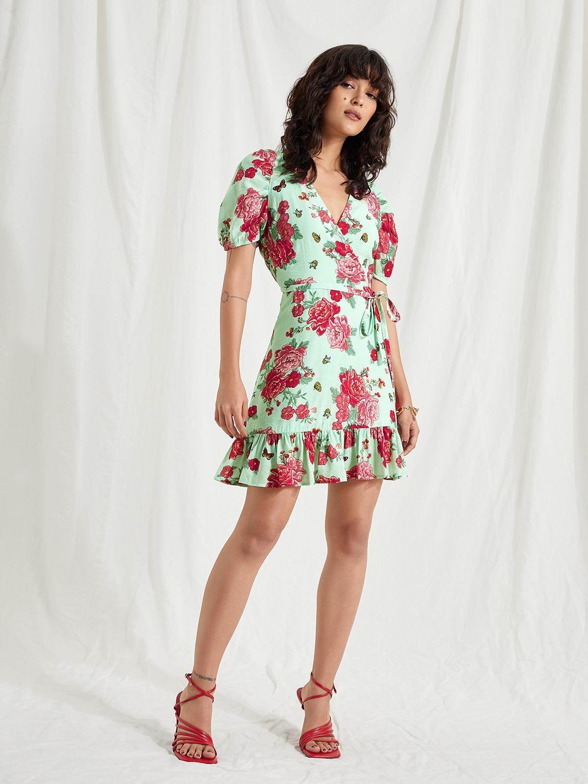 Puffed Sleeve Surplice Mini Dress - Mint