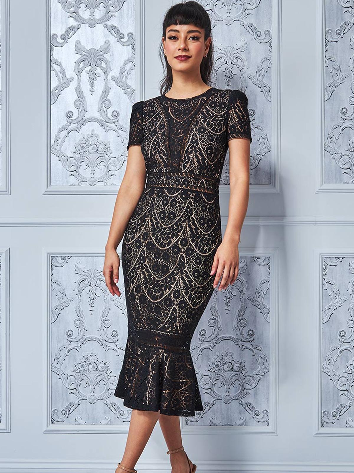 Open Back Lace Midi Dress - Black