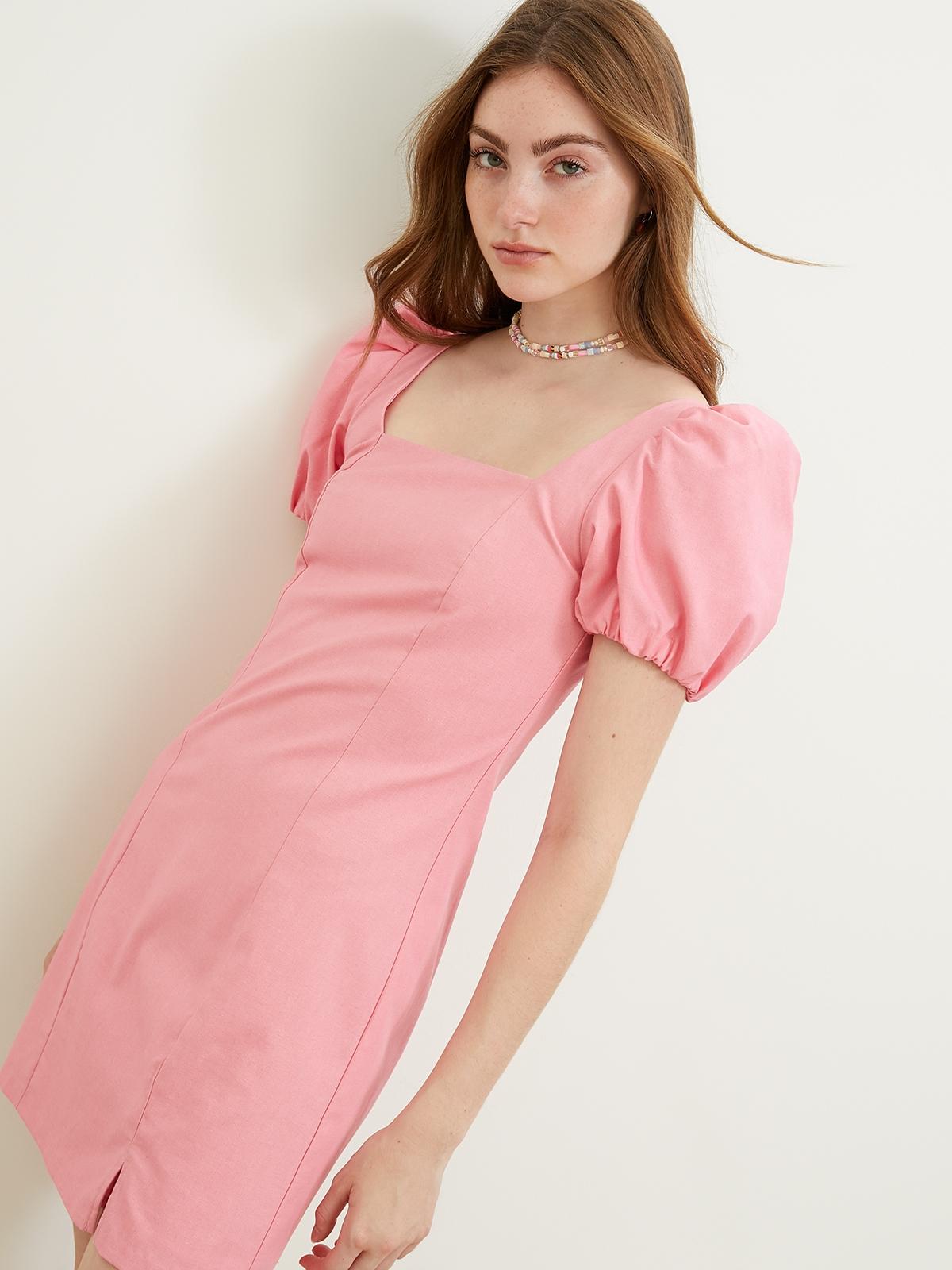 Square Neckline Puffy Sleeves Mini Dress - Pink