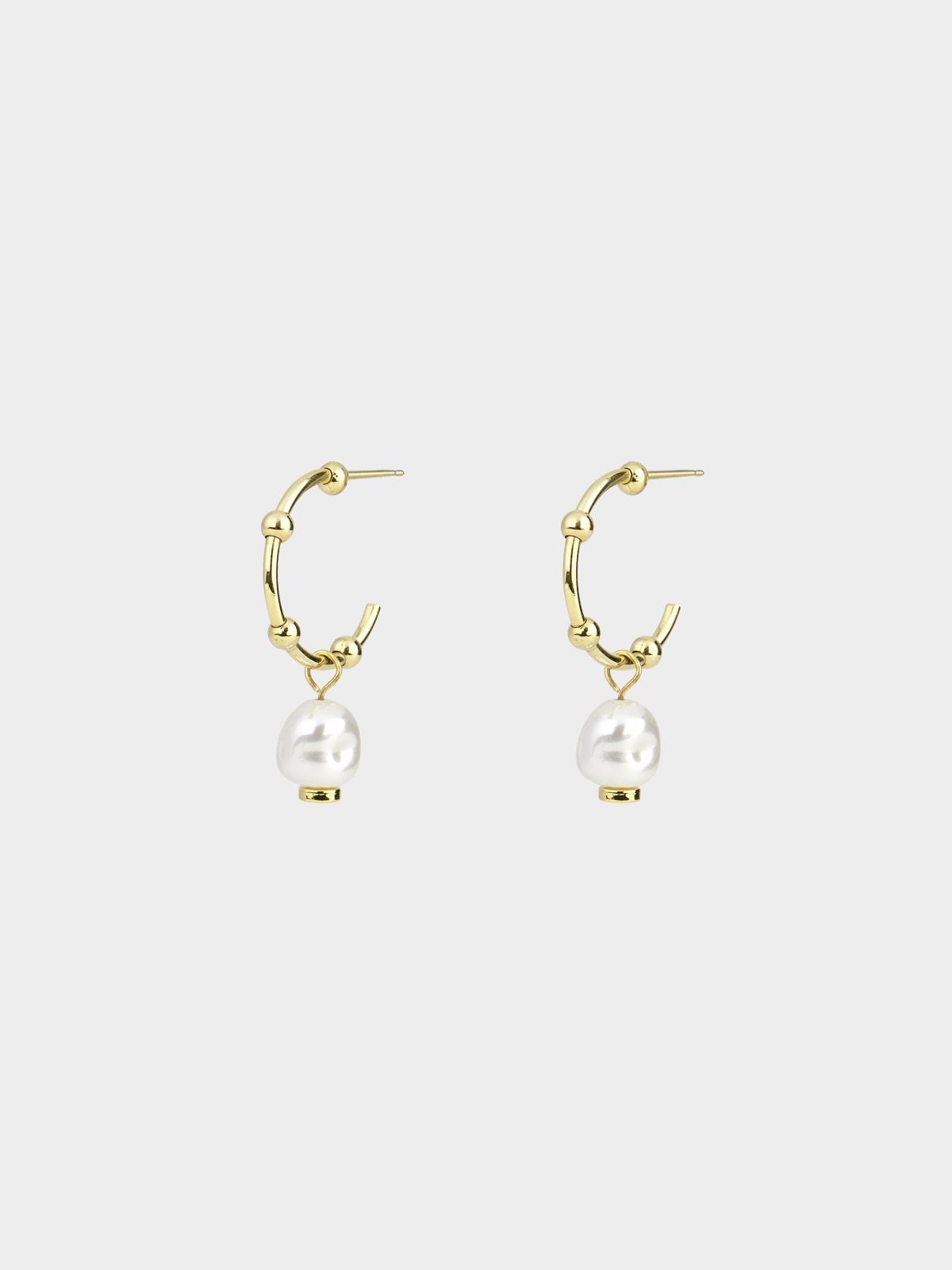 Pearl Beaded Texture Open Hoop Earrings - Gold