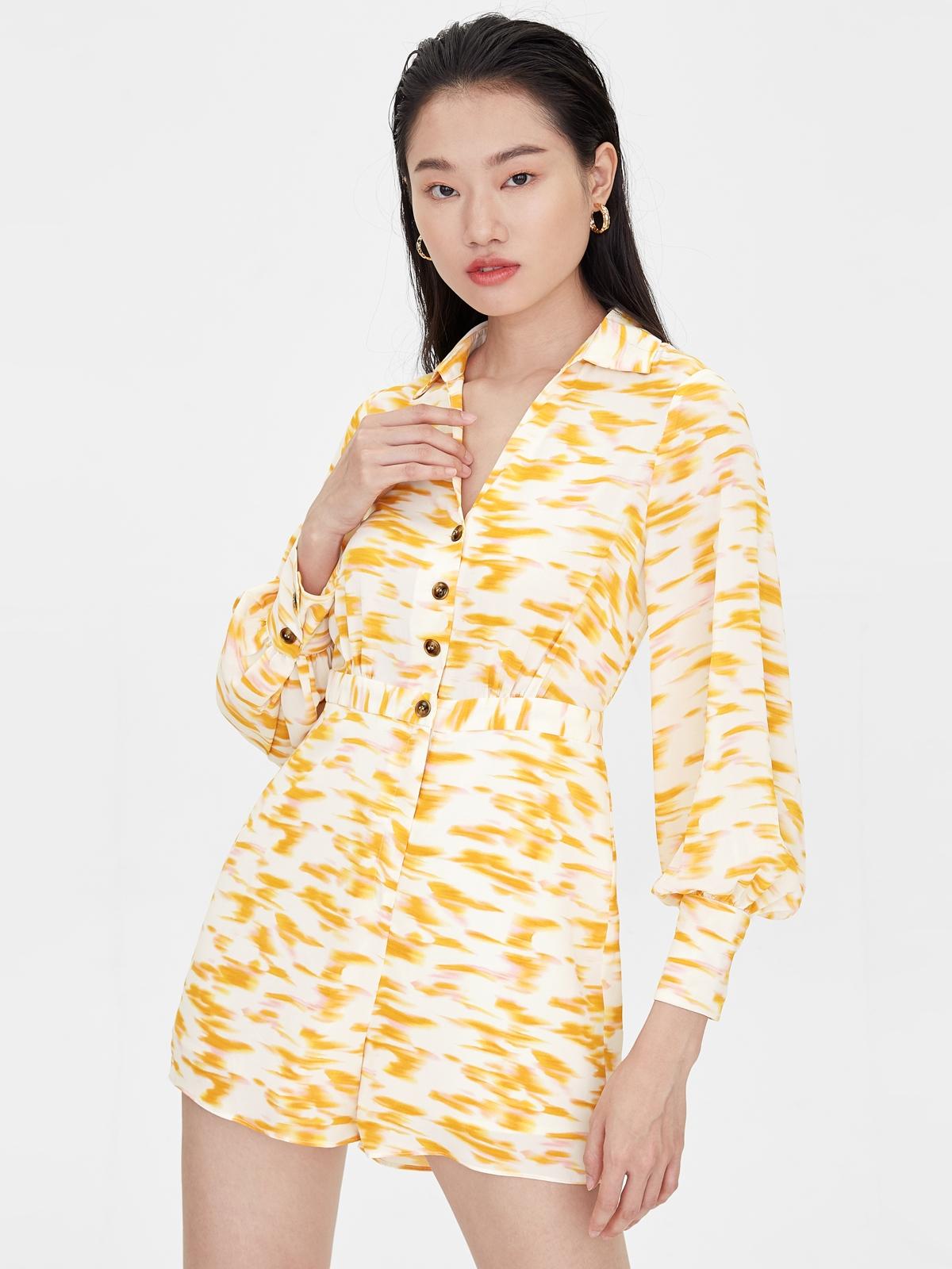 Cinched Waist Button Up Romper - Yellow