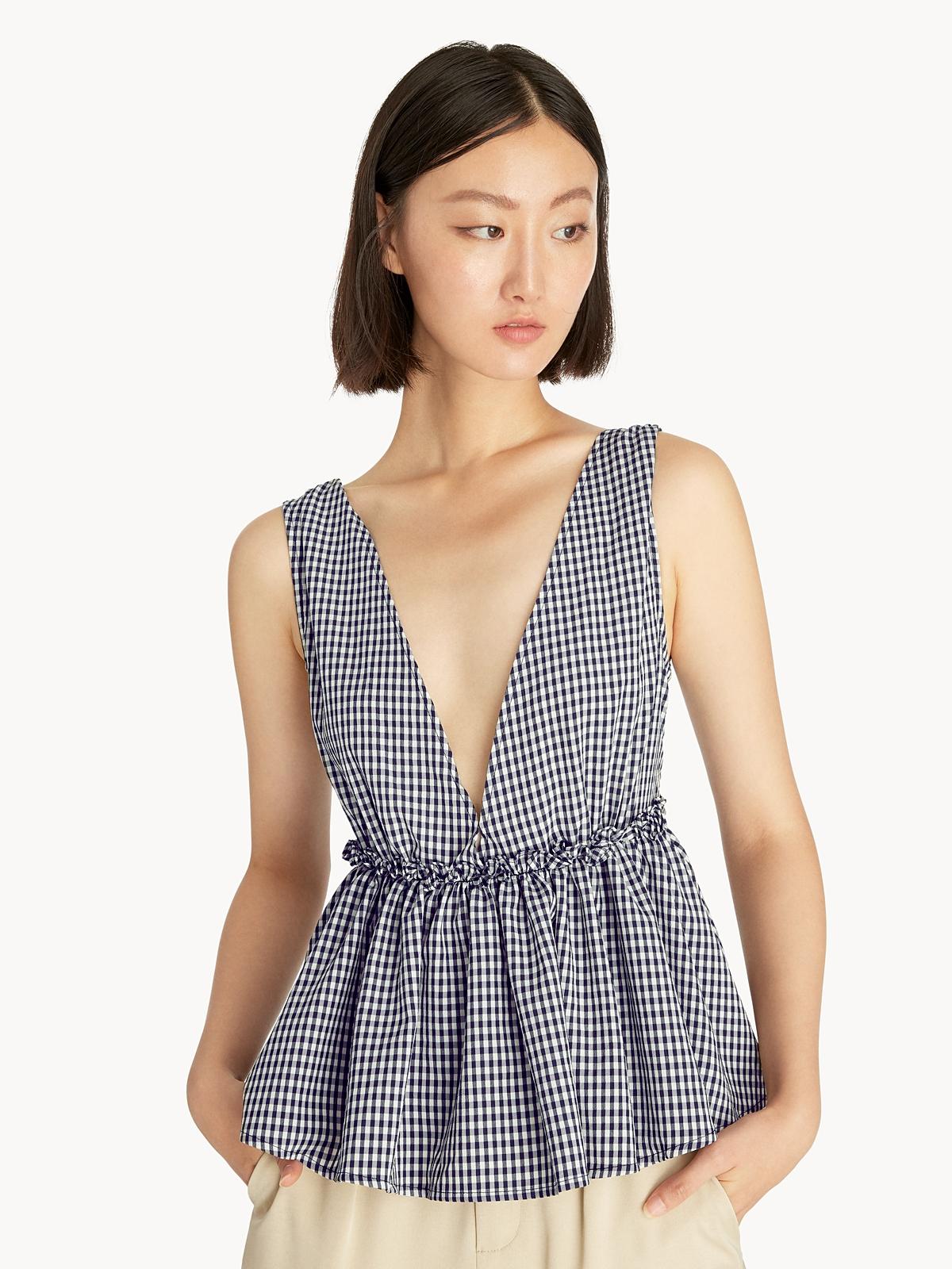 Gingham V Neck Peplum Top - Navy