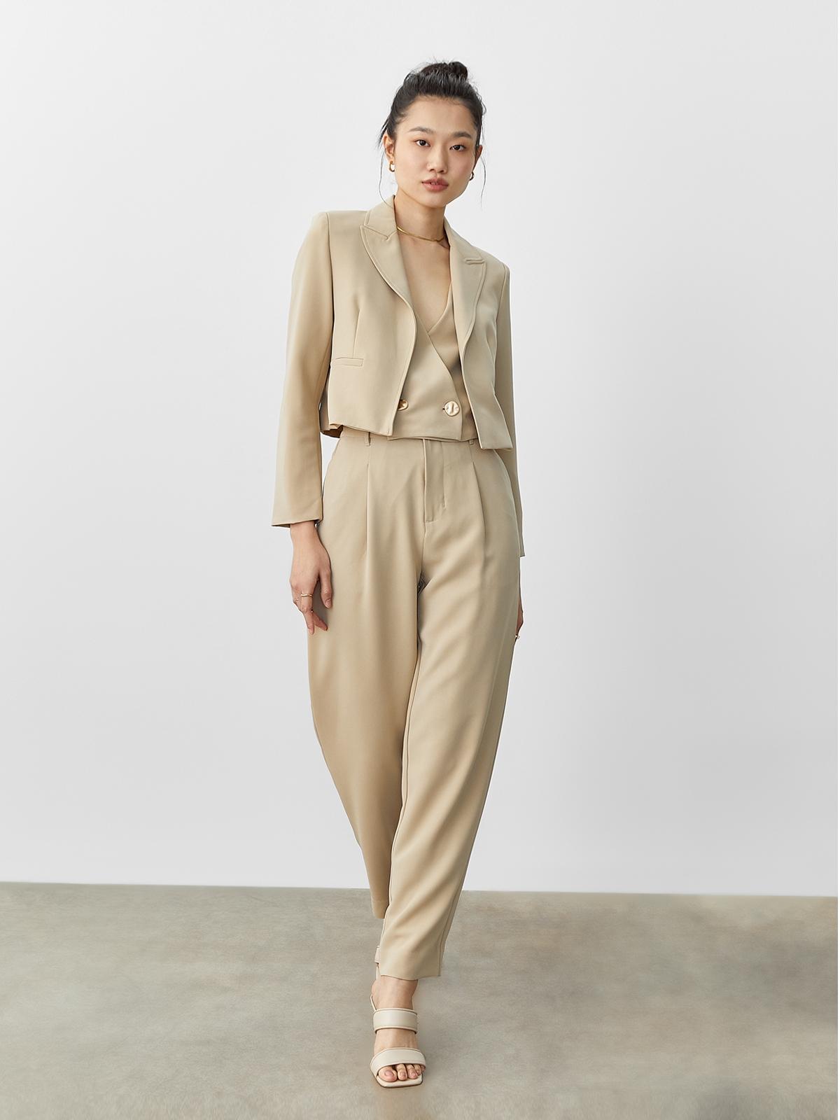 High-Waisted Straight Cut Pants - Beige