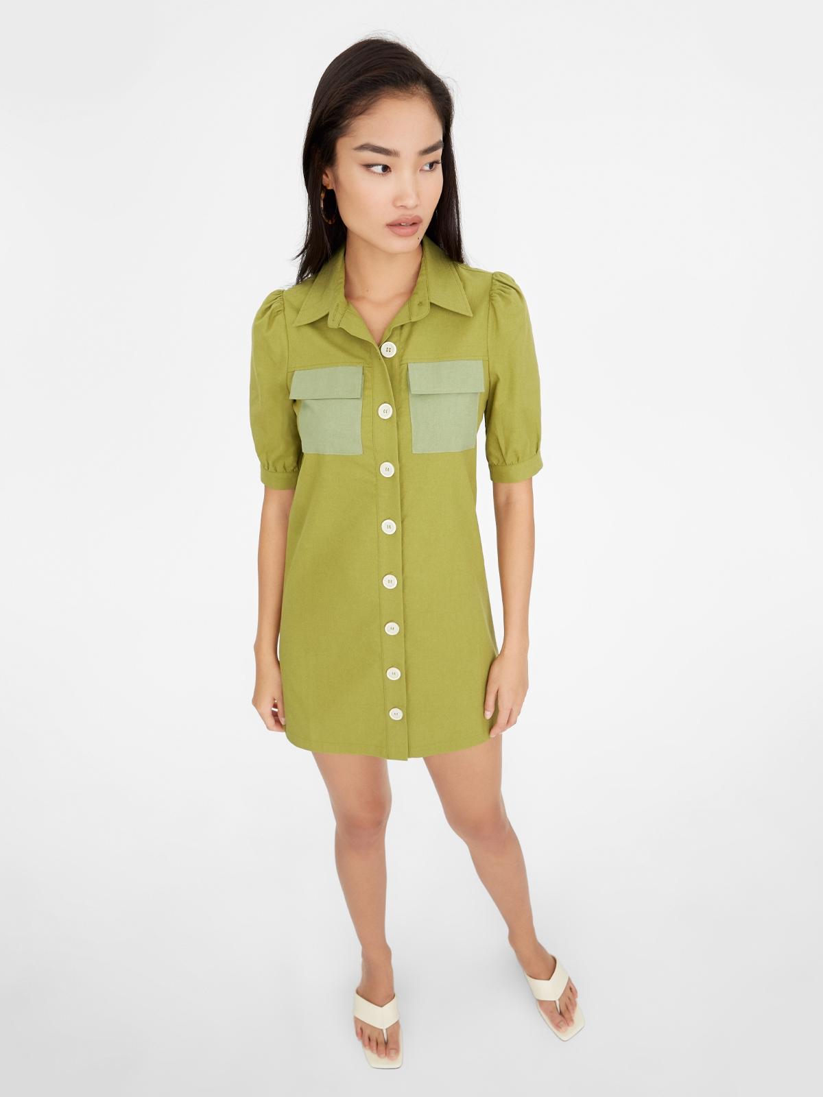 Puff Sleeve Front Button Mini Dress - Olive