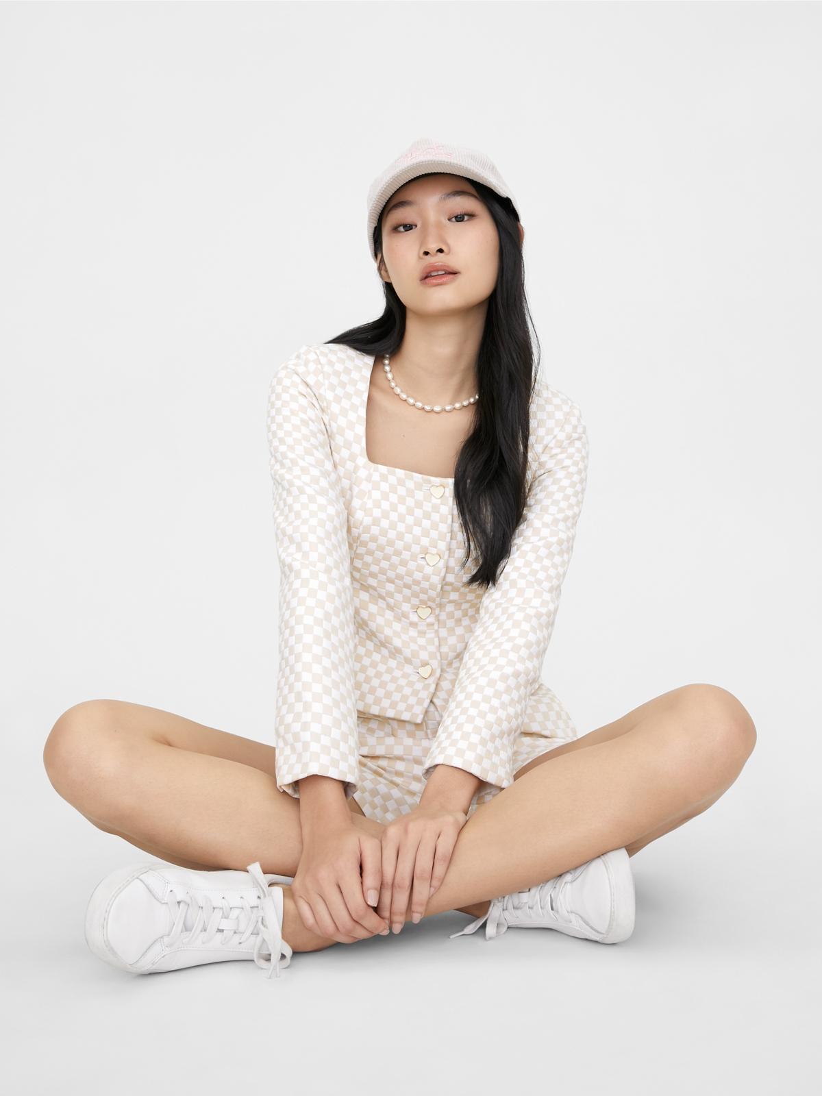 Square Neck Gingham Jacket - Beige