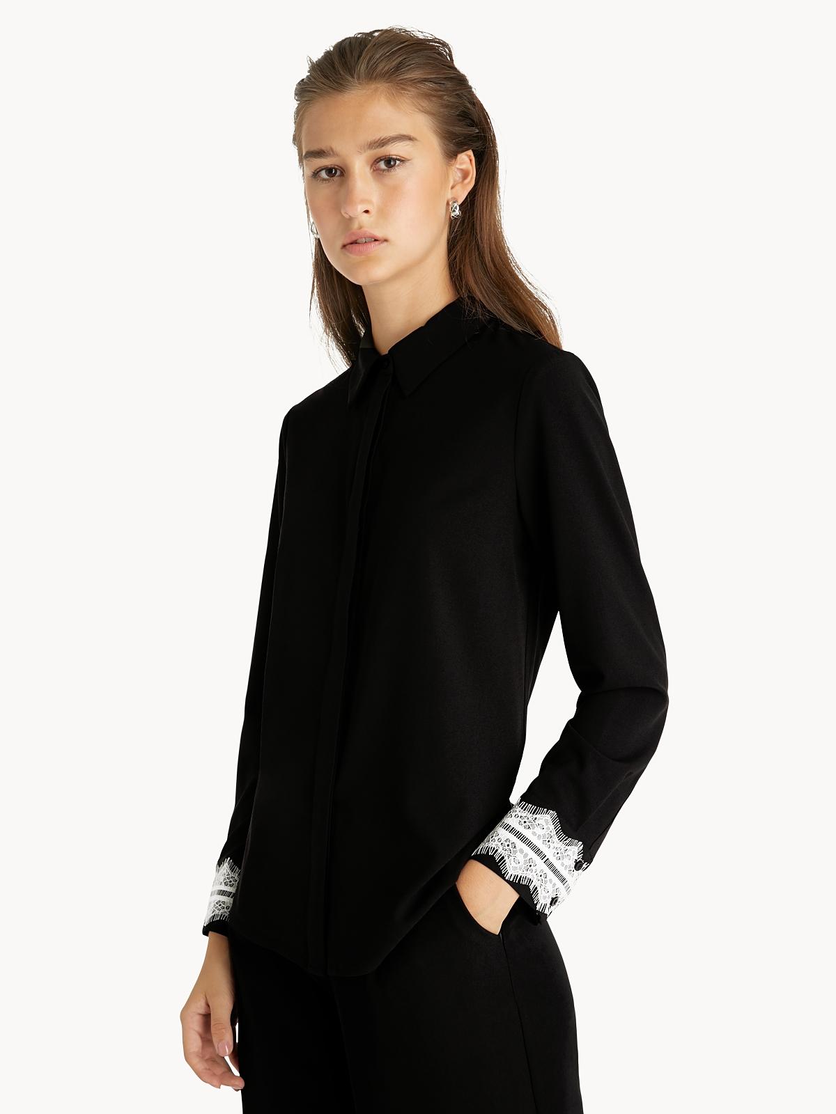 Lace Accent Cuff Button Up Shirt - Black