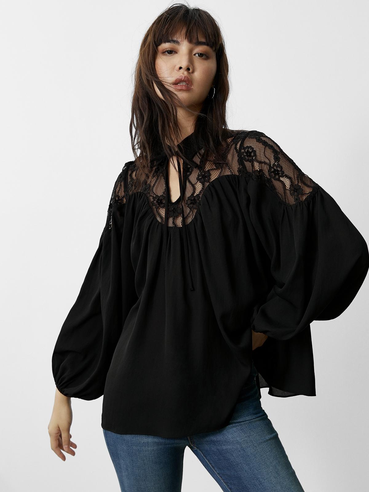 Floral Lace Shoulder Bishop Blouse - Black
