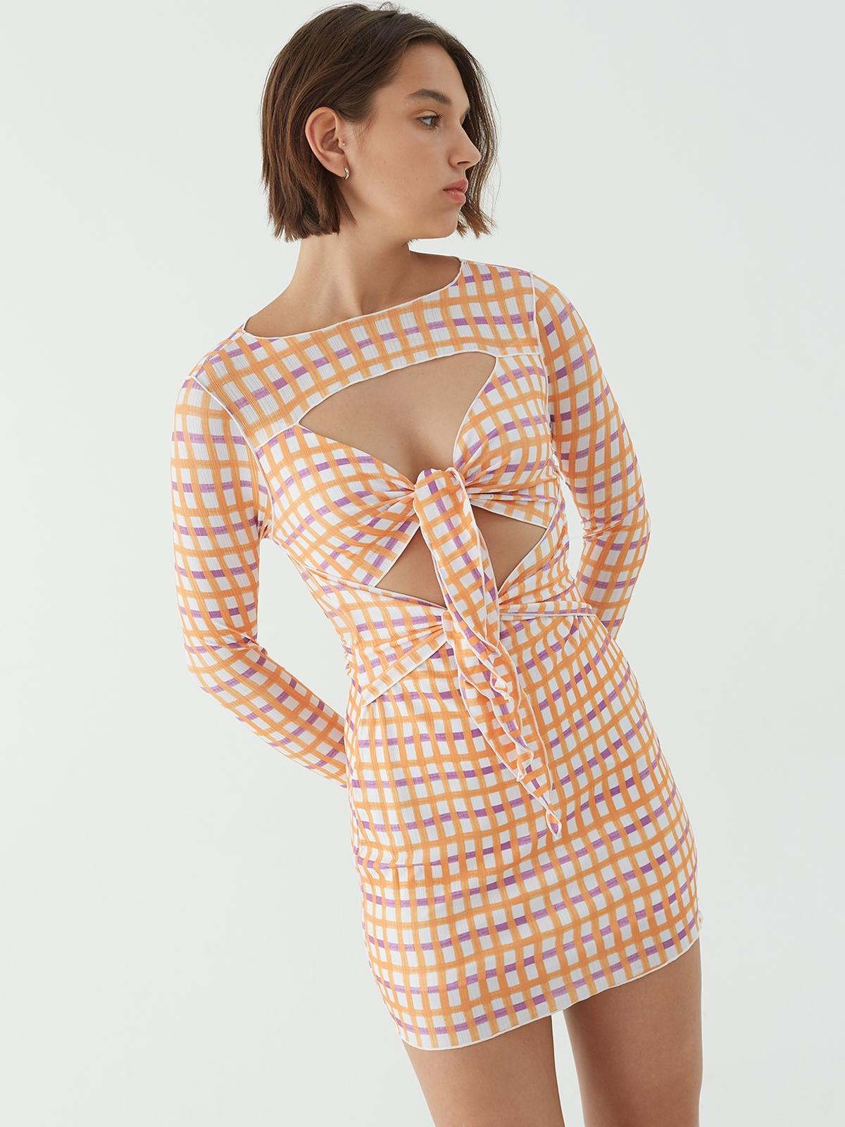 Gingham Front Knot Cut Out Dress - Yellow