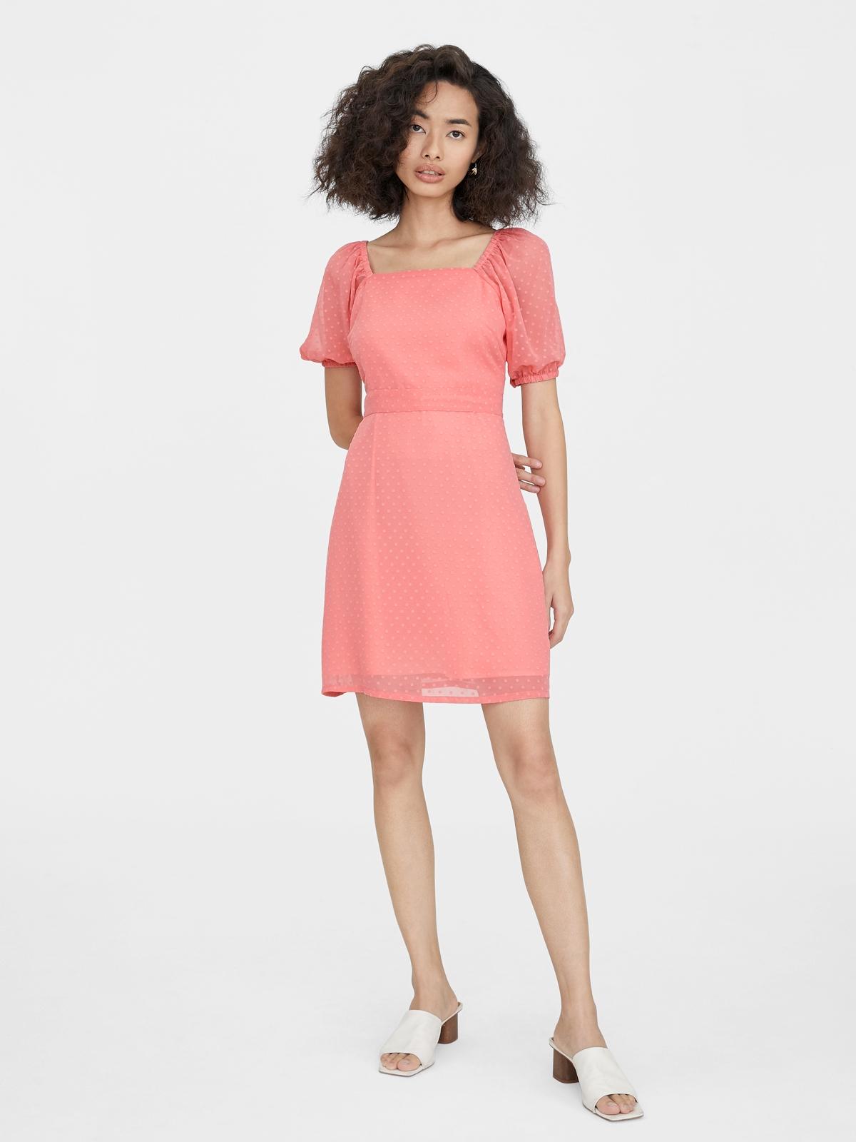 Semi Sheer Puff Sleeves Dress - Pink