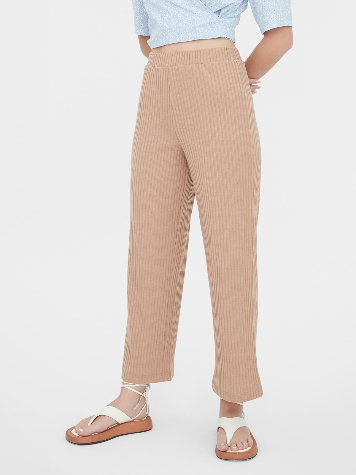 High-Waisted Rib Knit Regular Pants - Brown