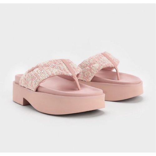 Tweed V-Strap Platform Thong Sandals - Light Pink