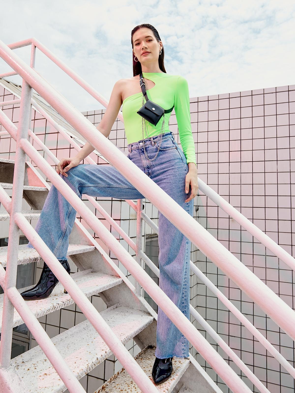 One Shoulder Asymmetric Bodysuit - Green