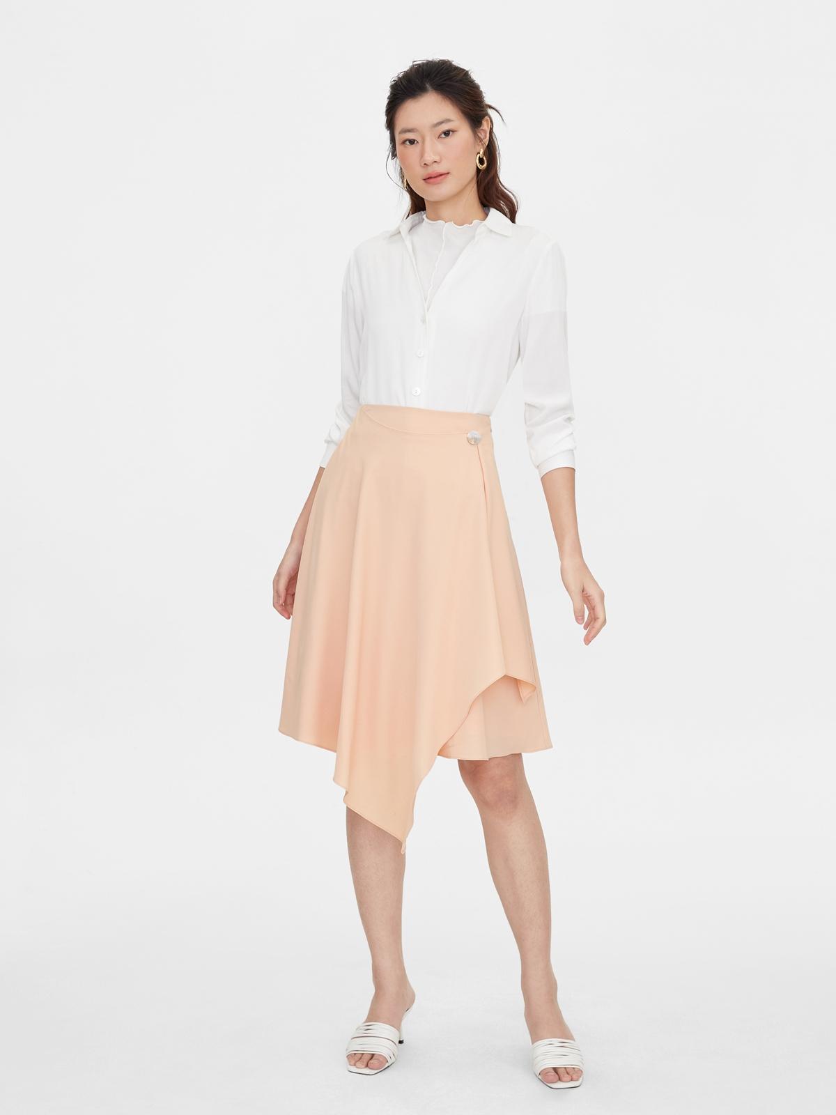 Side Single Button Asymmetric Skirt - Peach