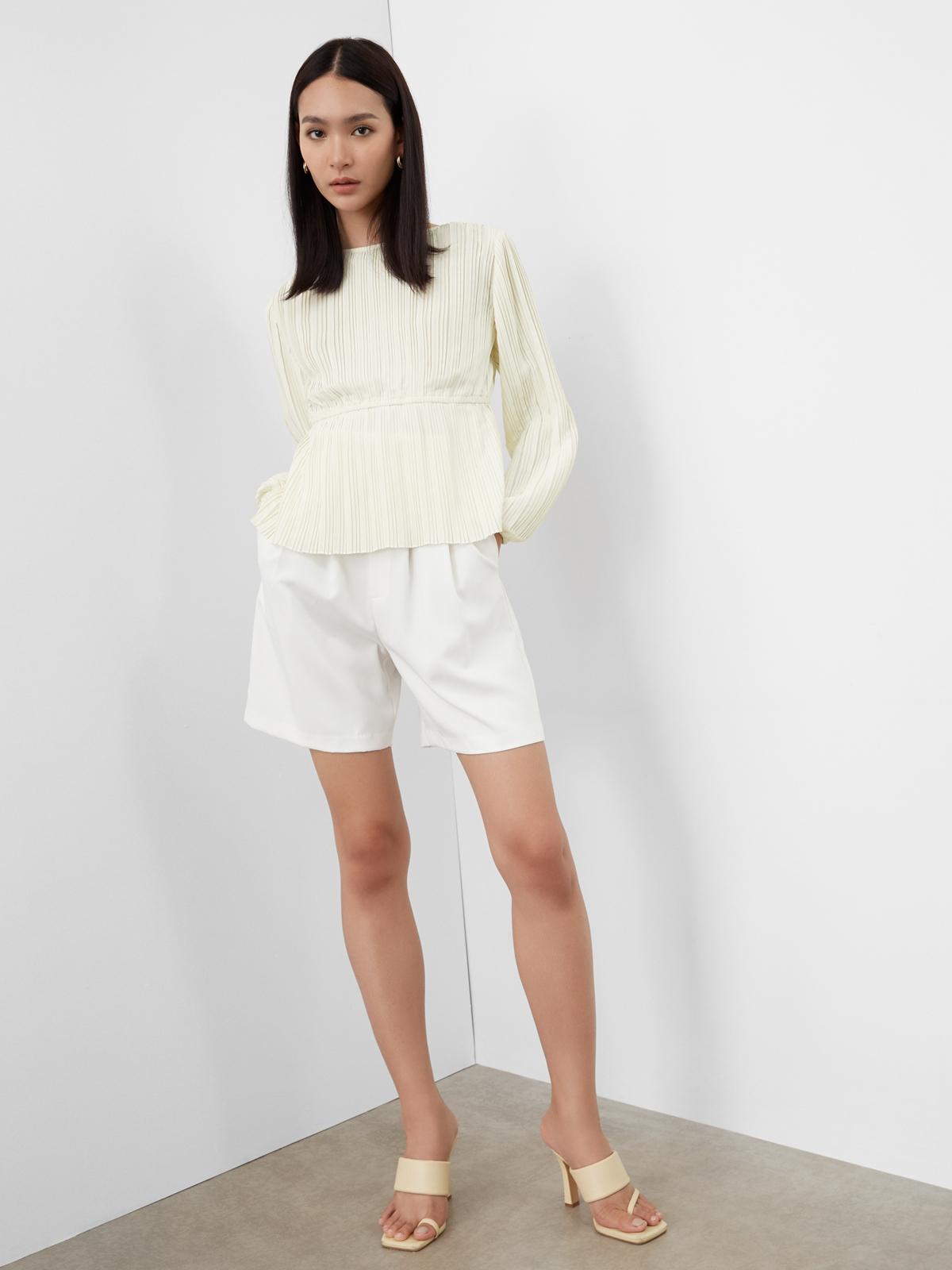 Pleated Long Sleeve Top - White