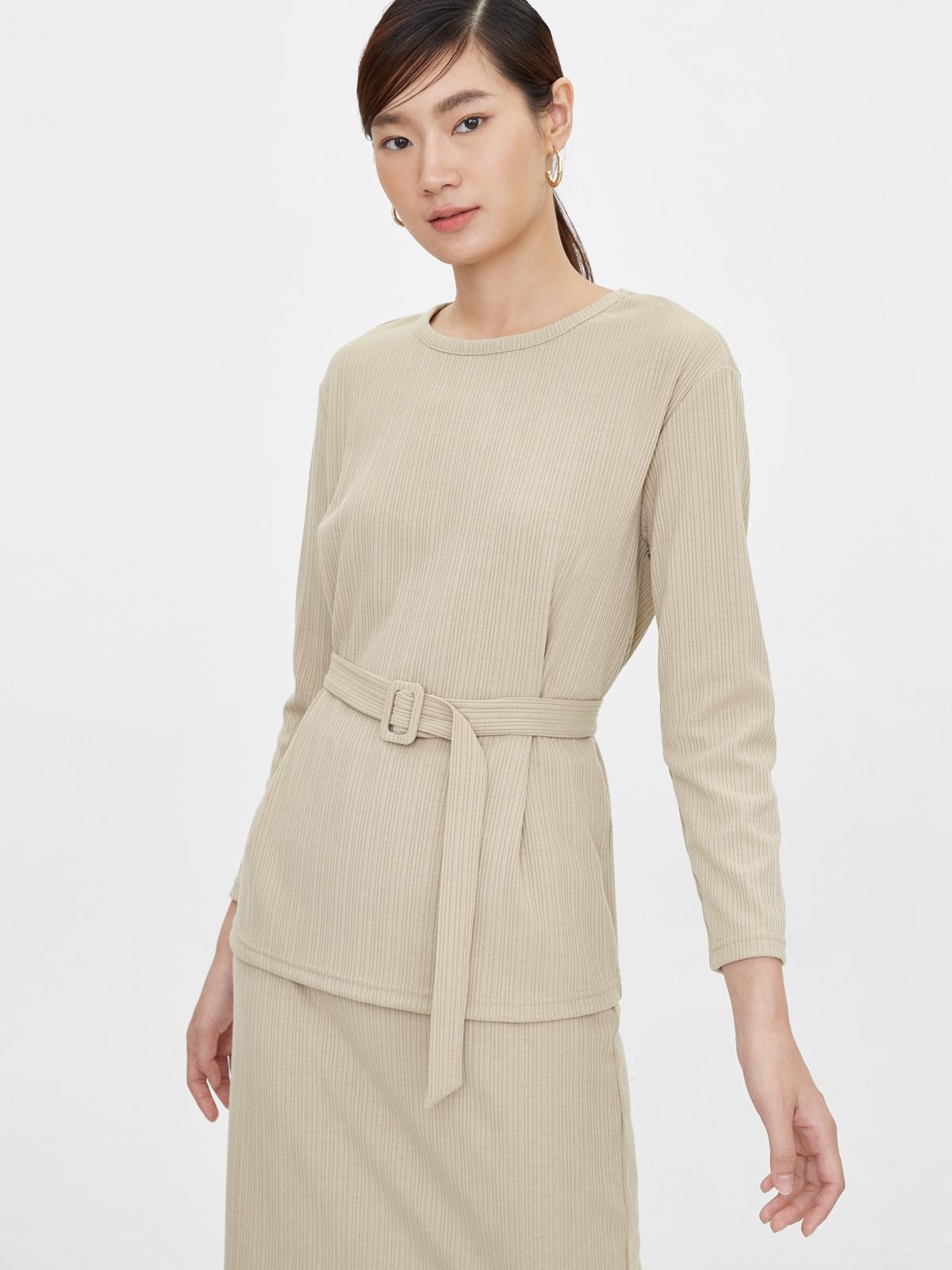 Belted Long Sleeves Blouse - Beige