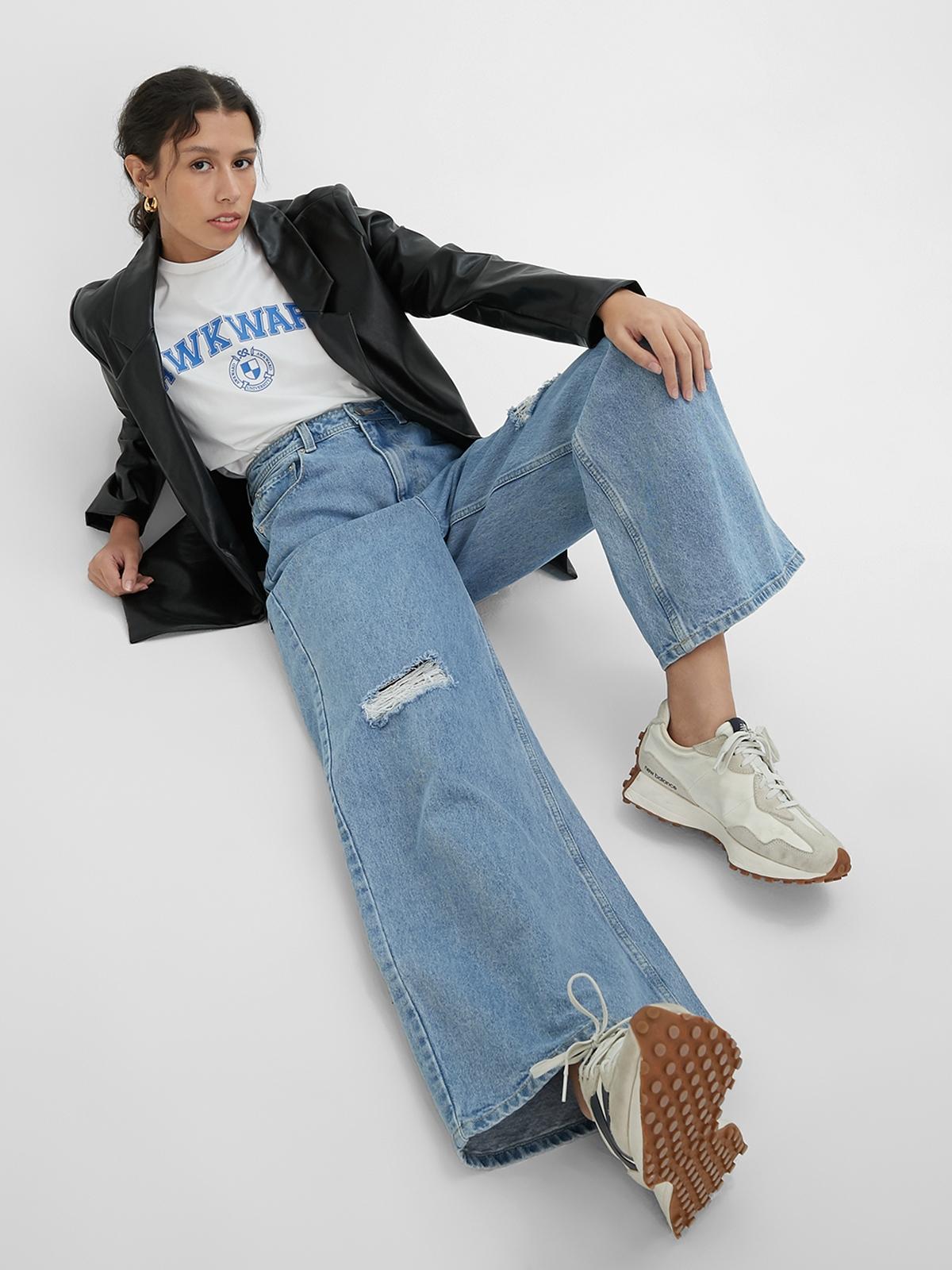 Sustainable Wide Leg Denim Pants - Light Blue