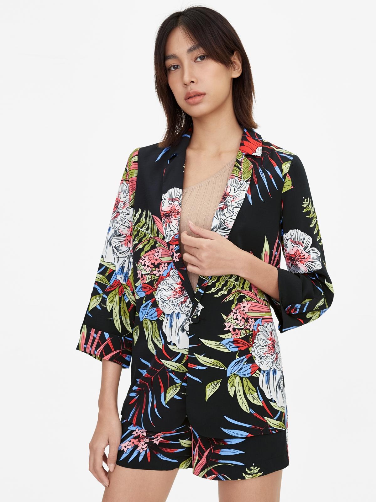 Oversized Tropical Print Blazer - Black