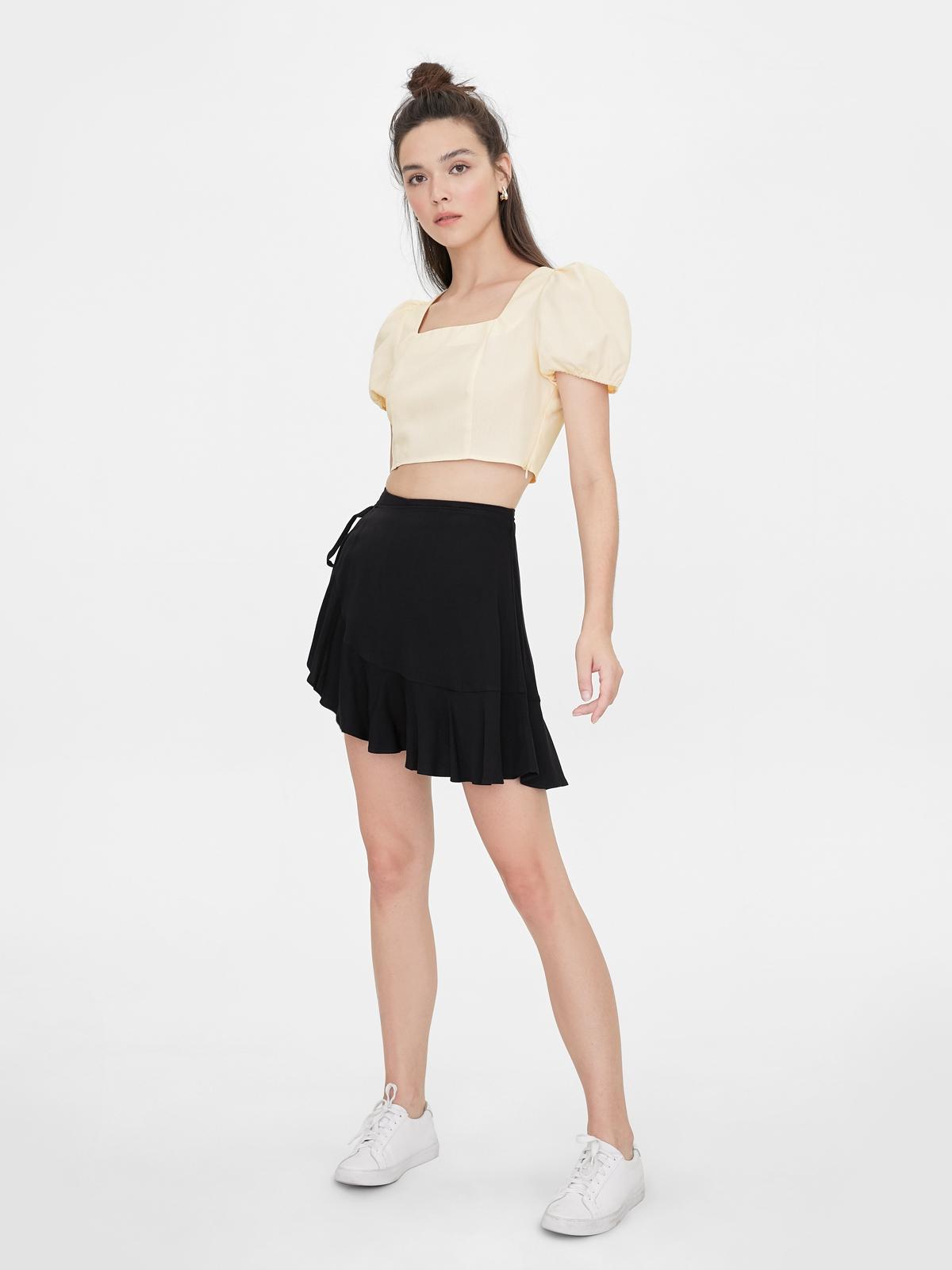 Side Tie Wrap Ruffle Skirt - Black