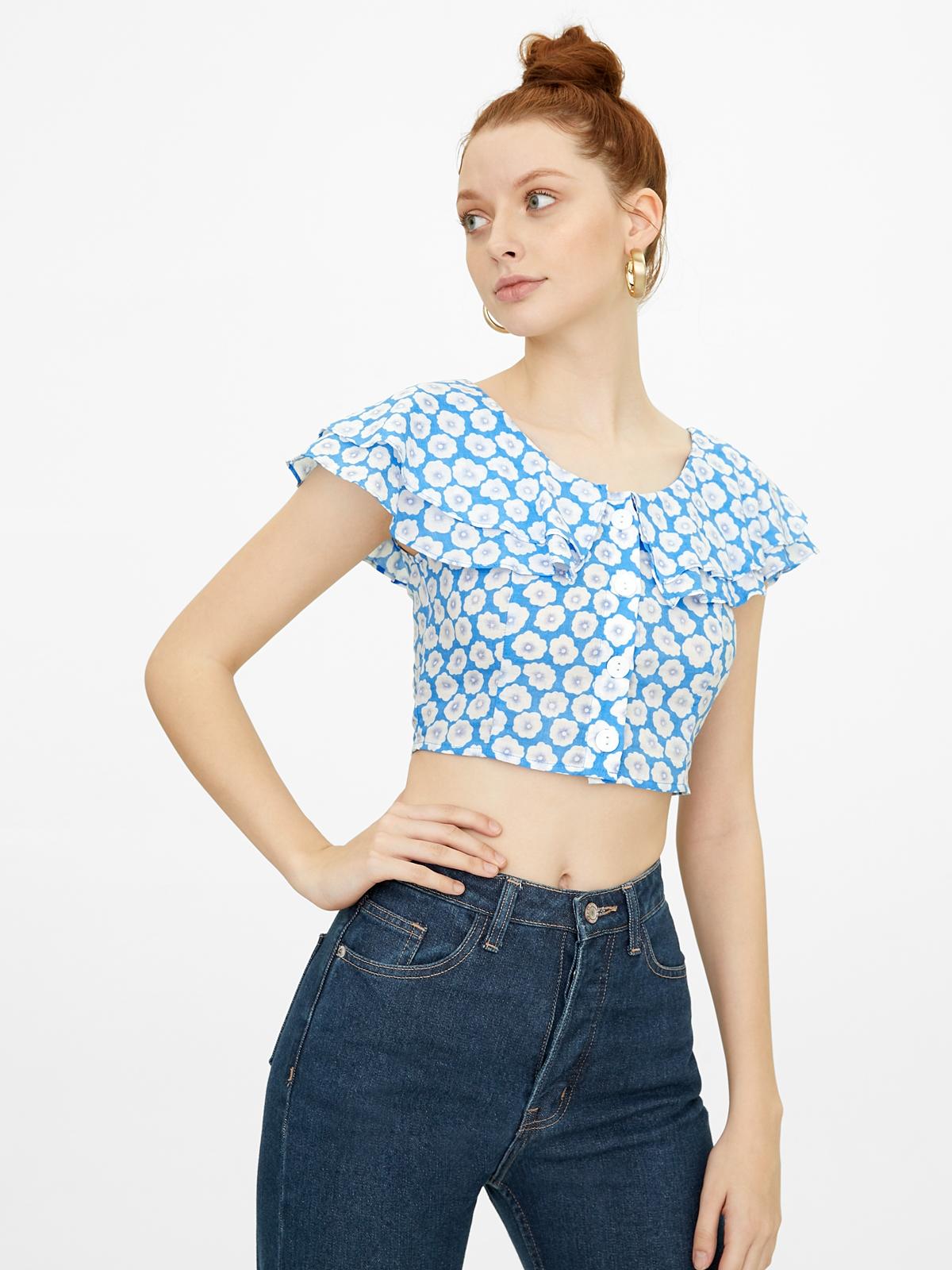Ruffle Floral Crop Top - Blue