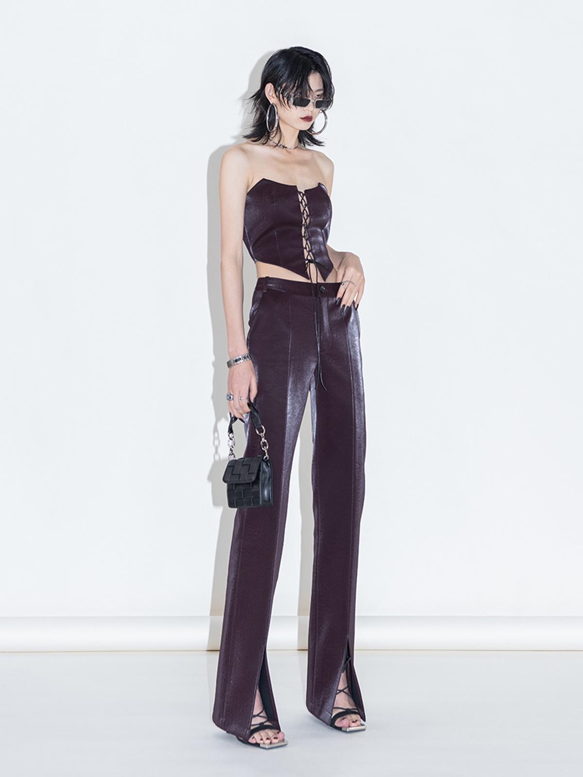 Black Leg Slit Pants - Rose