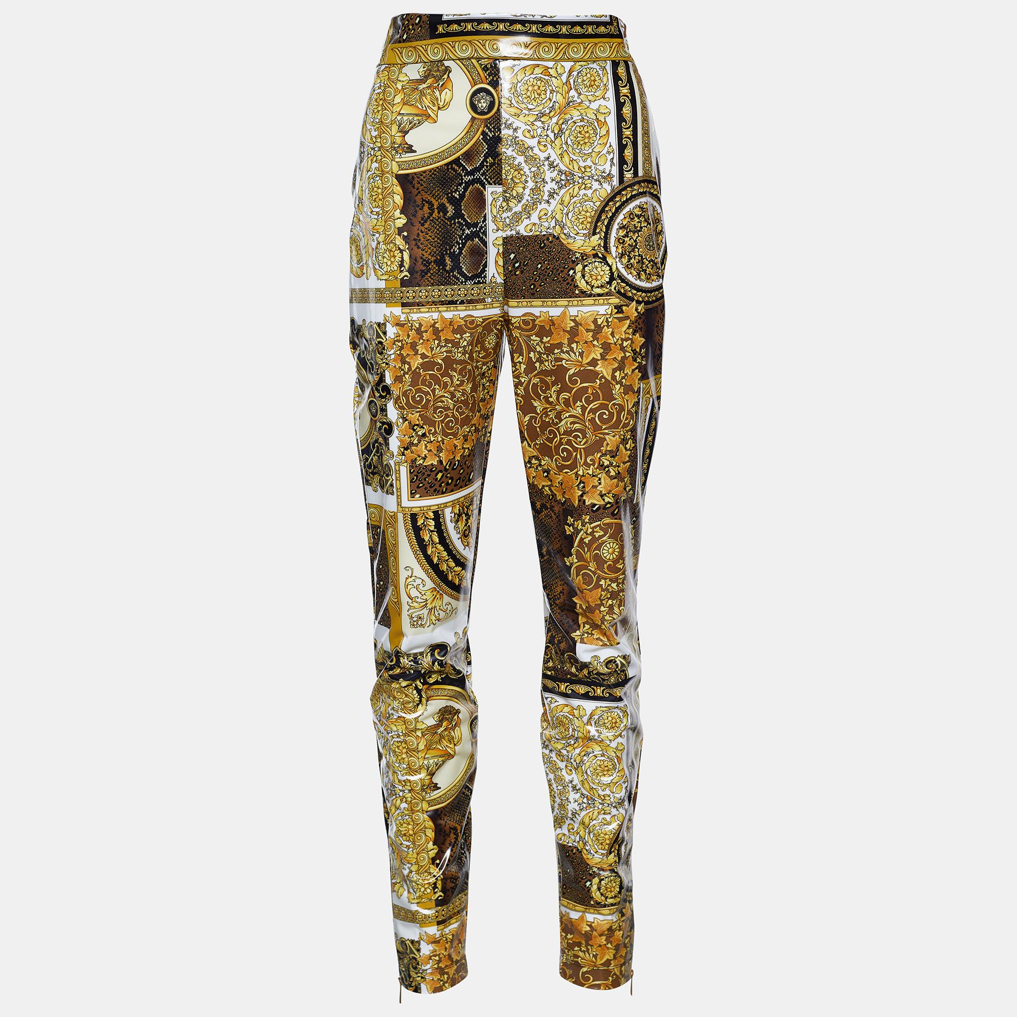 Versace Gold Barocco & Leopard Print Coated Knit Leggings L