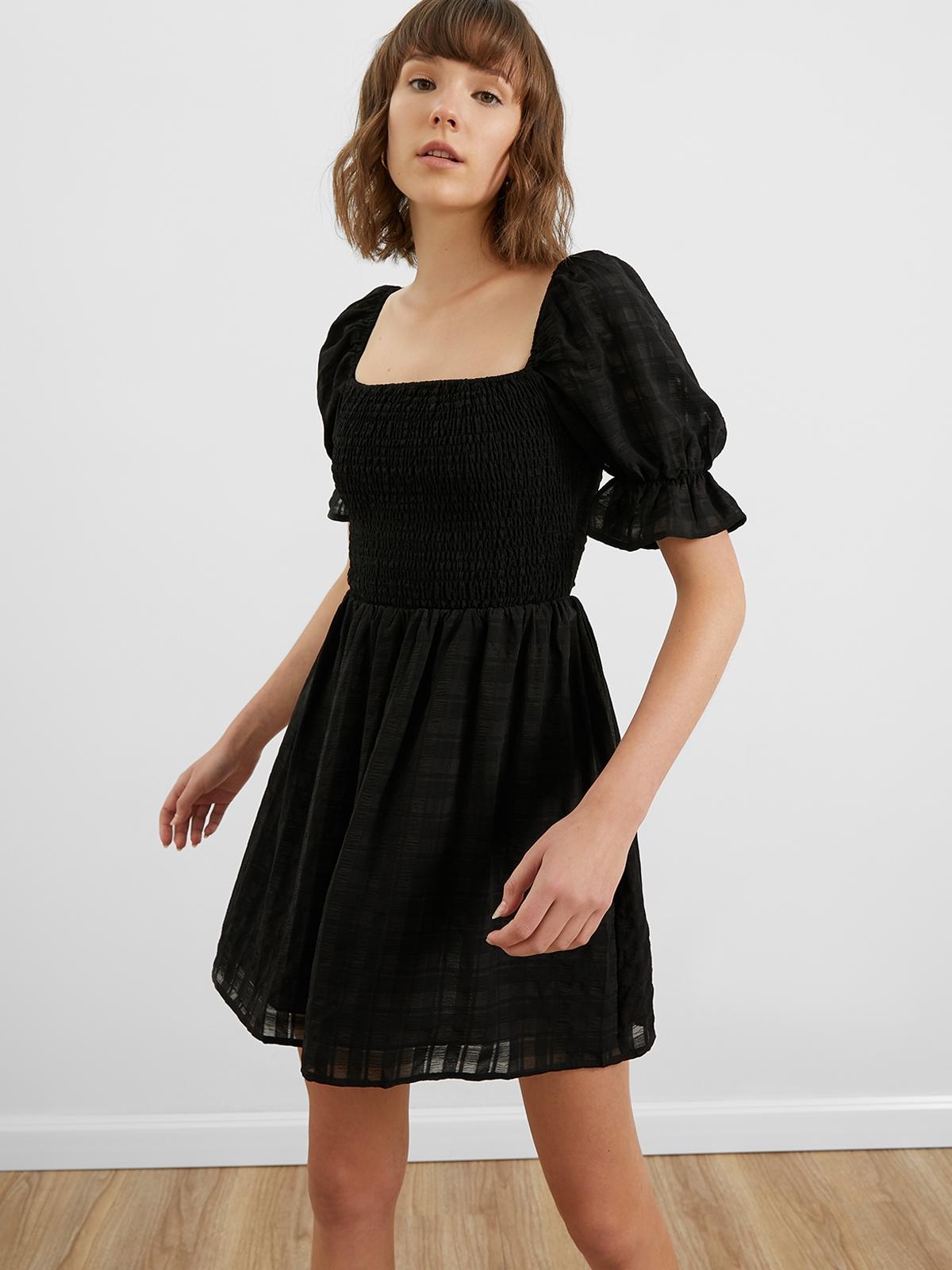 Puffed Sleeve Square Neckline Dress - Black
