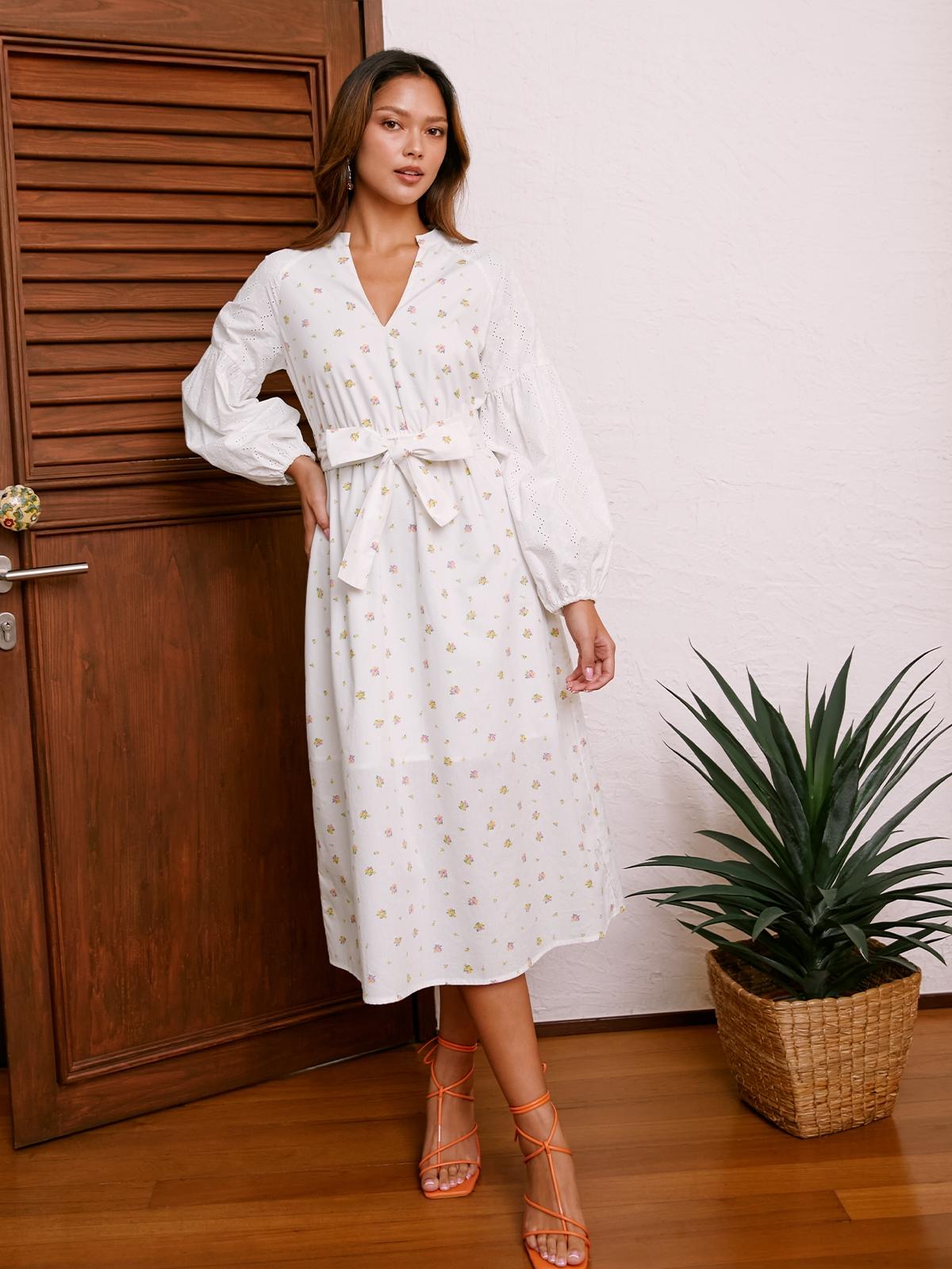 Sustainable All Over Flower Printed Midi Dress - White