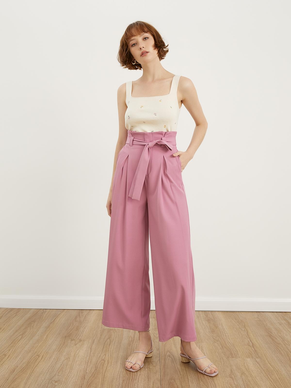 High Waisted Front Tie Pants - Pink
