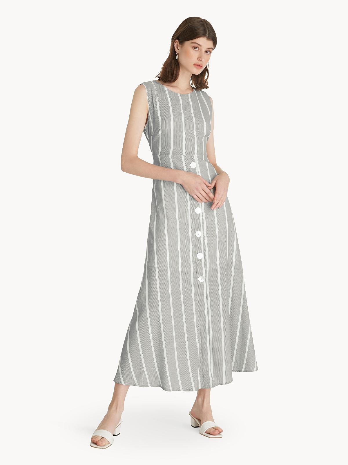 Maxi Striped Button Detail Dress - Black