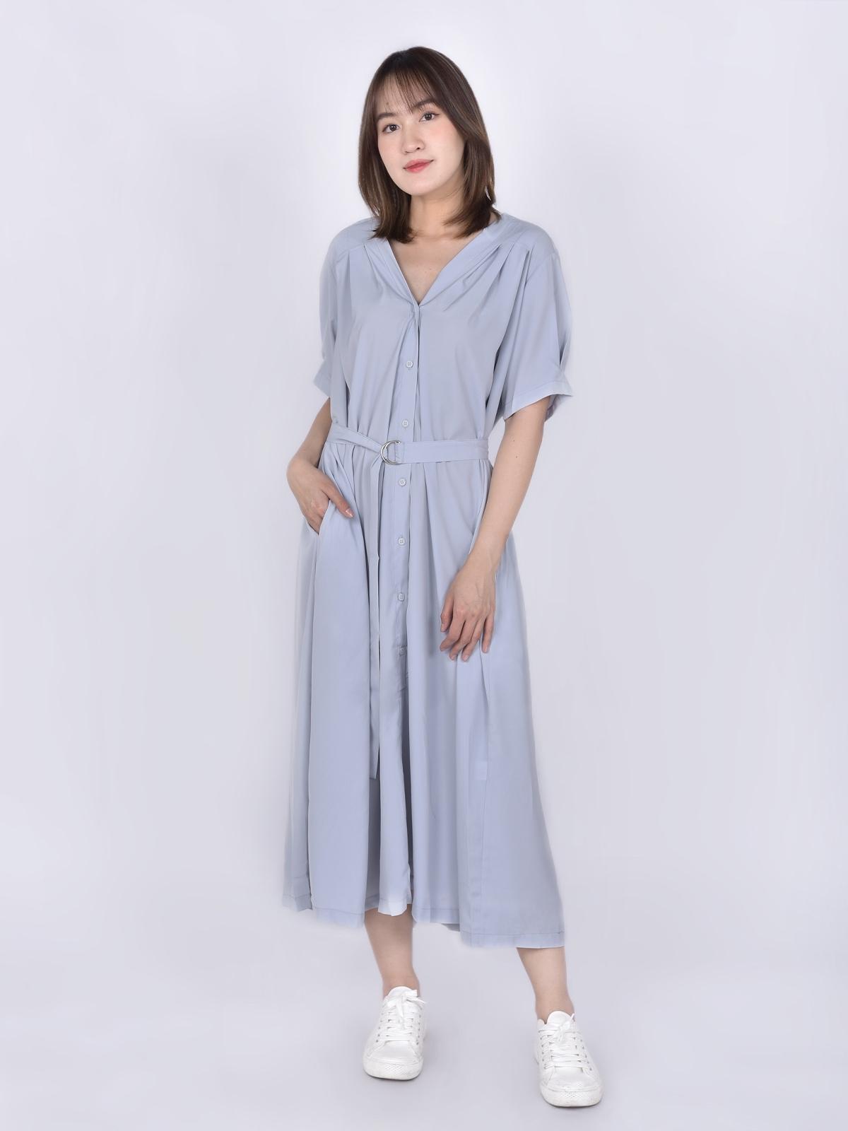 3.3 Field Trip X Pleated Long Dress With Belt - Light Blue
