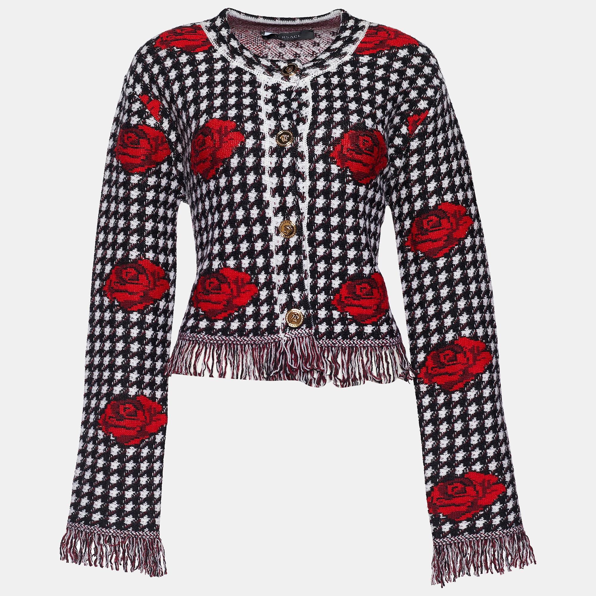 Versace Monochrome Rose Jacquard Wool Fringed Jacket M