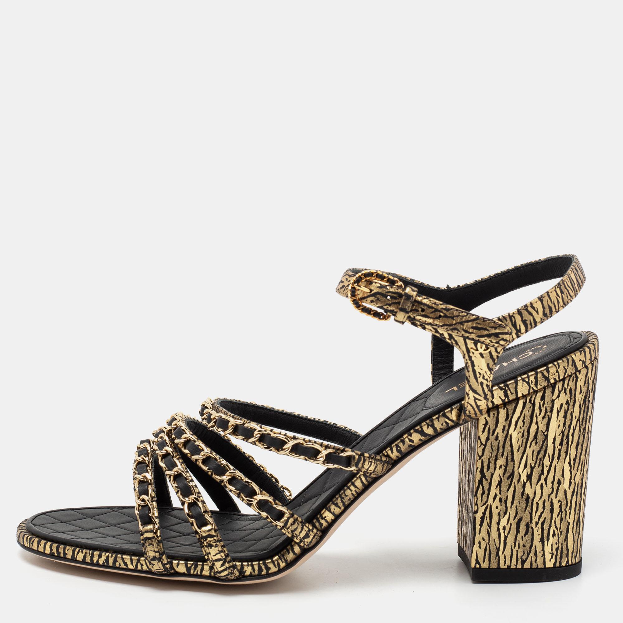 Chanel Black Leather Chain Strappy Ankle Strap Sandals Size 42