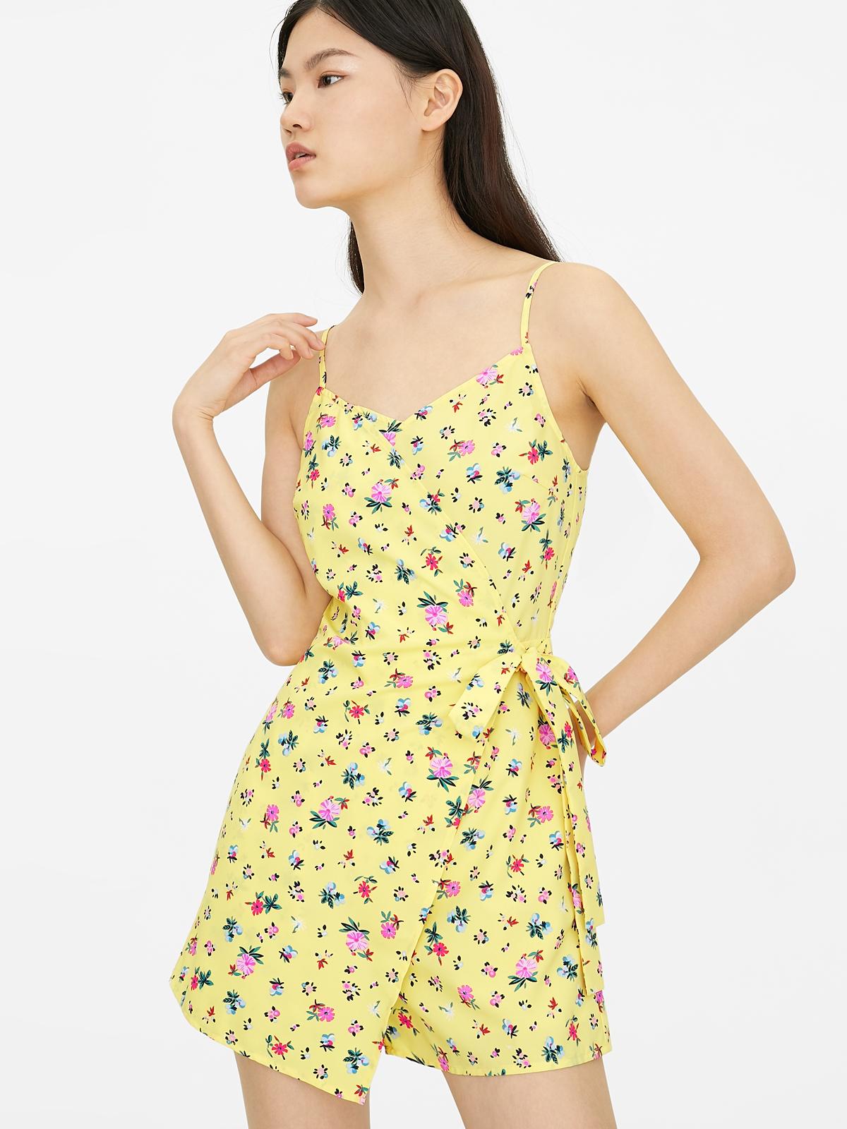 Wrapped V Neck Romper - Yellow