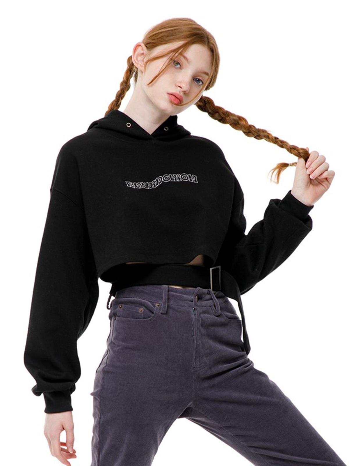 Running High X Glitter Logo Belted Crop Hoodie - Black