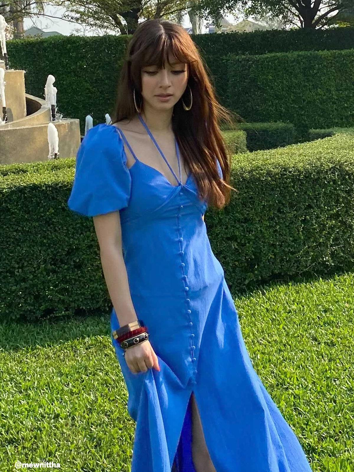 Puffed Sleeves Neck Tie Dress - Blue