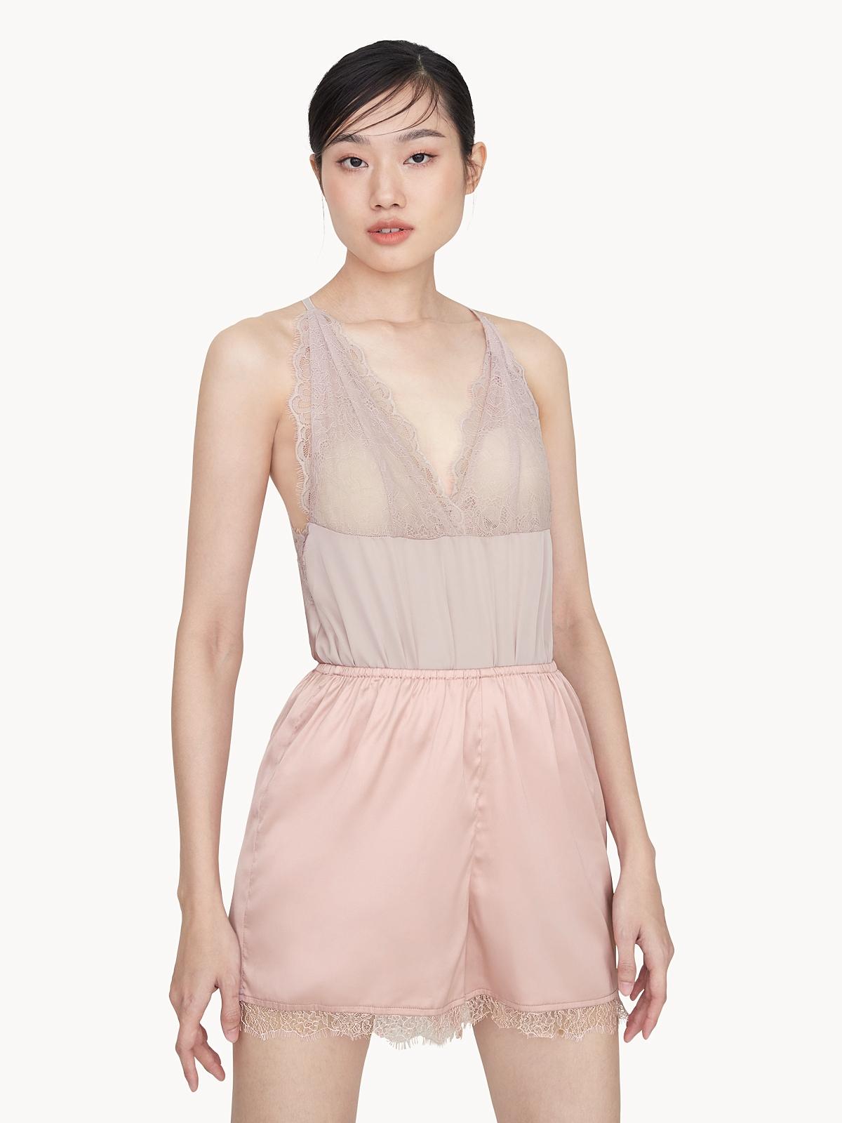 V Neck lace Open Back Bodysuit - Pink