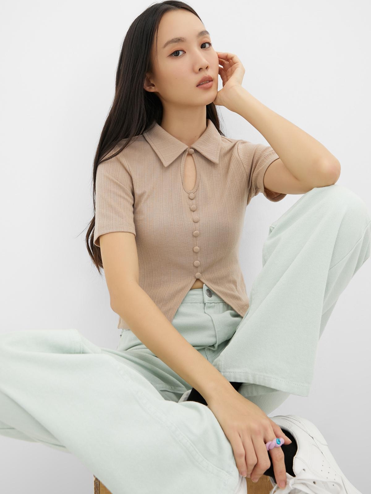 Short Sleeve Cut Out Top - Beige