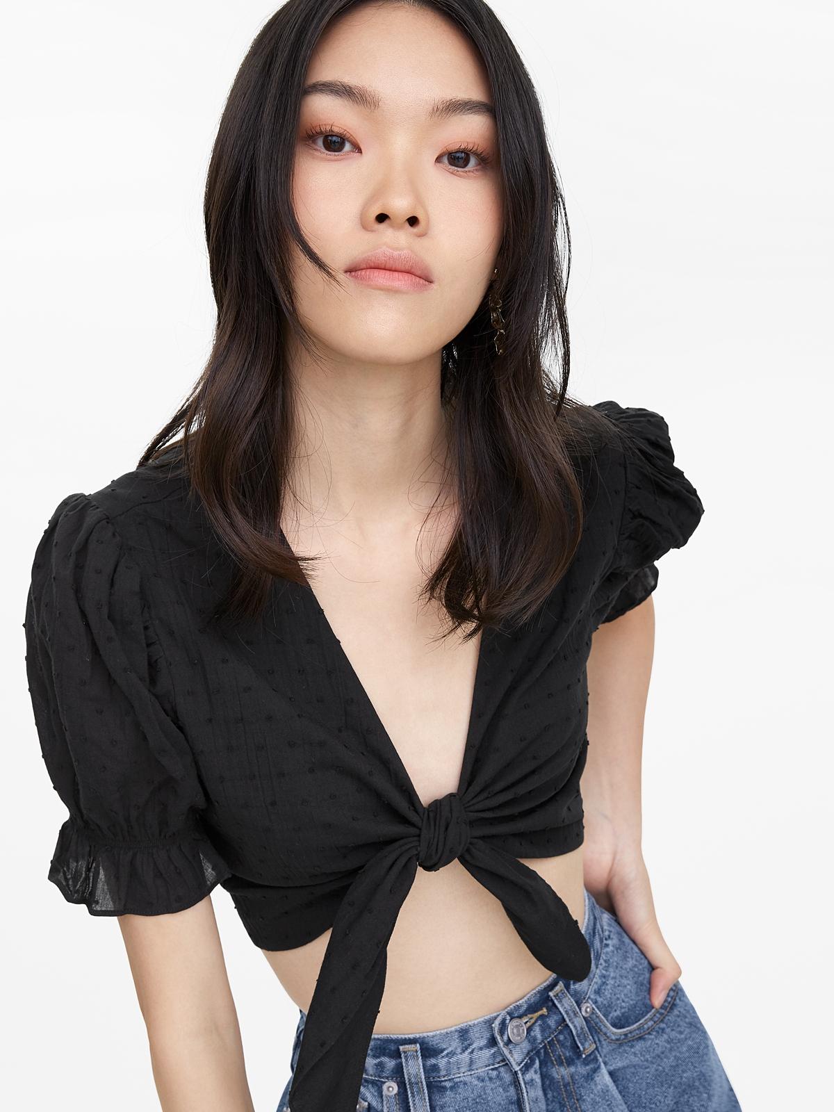 Puffed Sleeves Crop Tie Top - Black