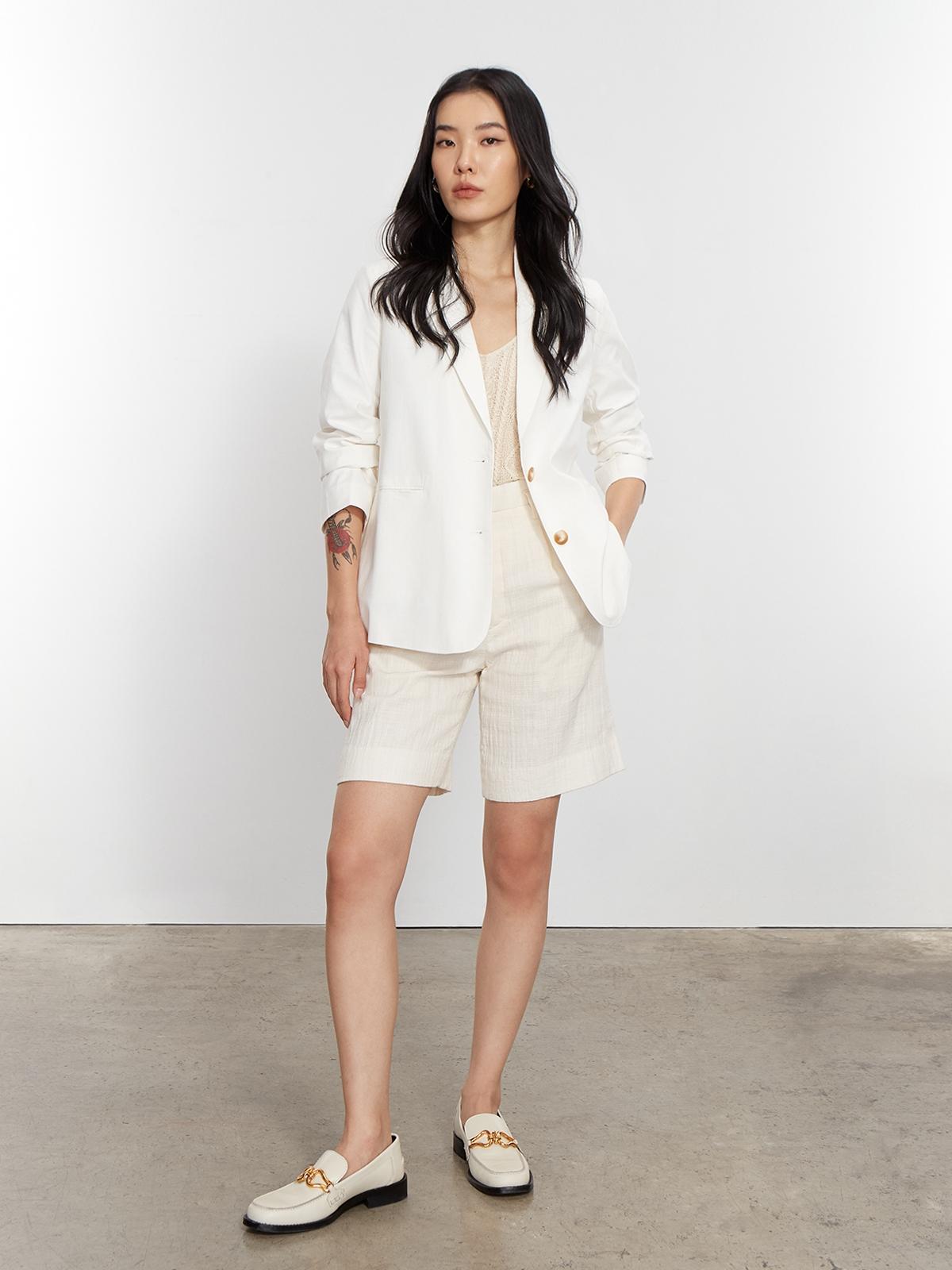 Button Long Sleeve Blazer - White