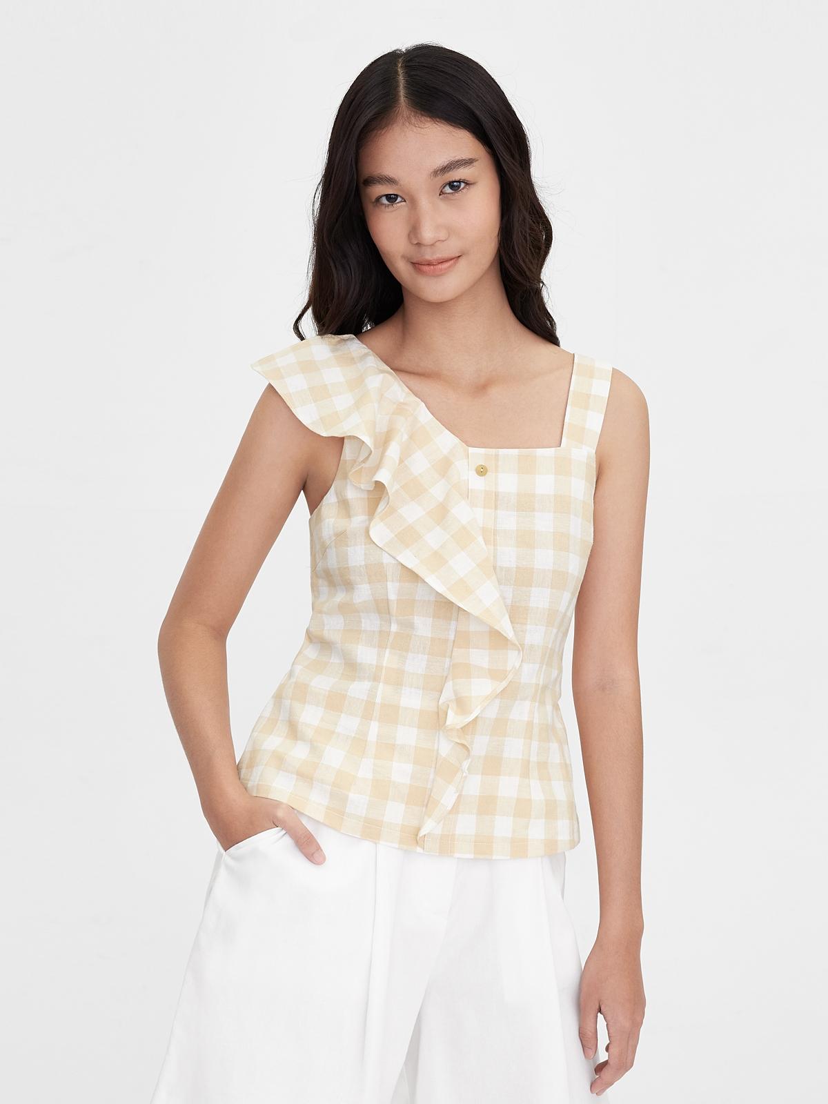 Purpose Side Ruffle Gingham Tank - Beige