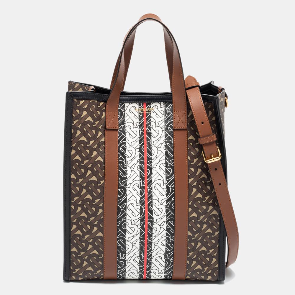 Burberry Brown TB Monogram Stripe Coated Canvas and Leather Small Portrait Tote